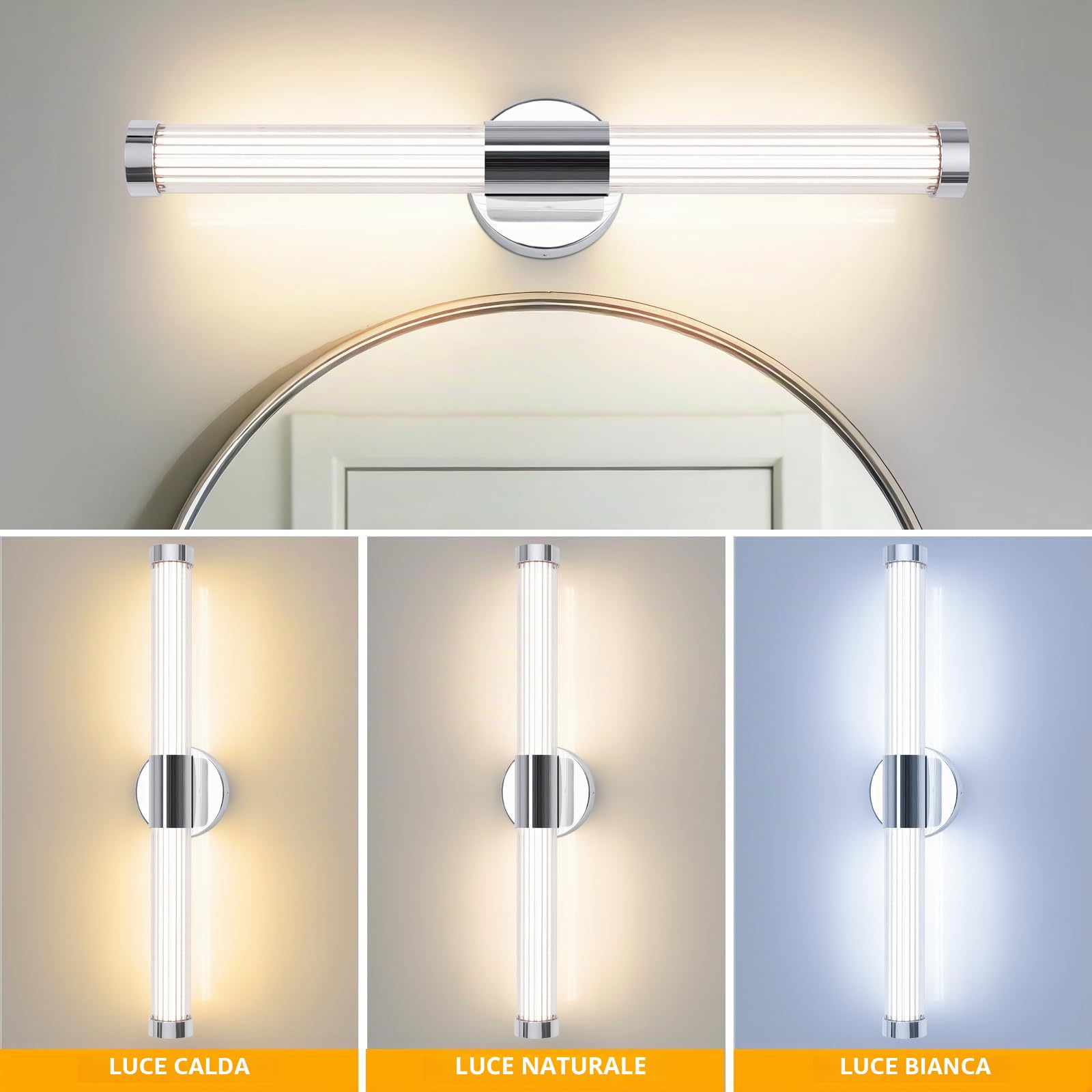 Lampada a LED da Parete per Interni Applique da 12W per Bagno 60.5cm Applique parete Temperatura di colore regolabile Luce parete Cromo Lampada da Quadro per Soggiorno Camera da Letto Cucina