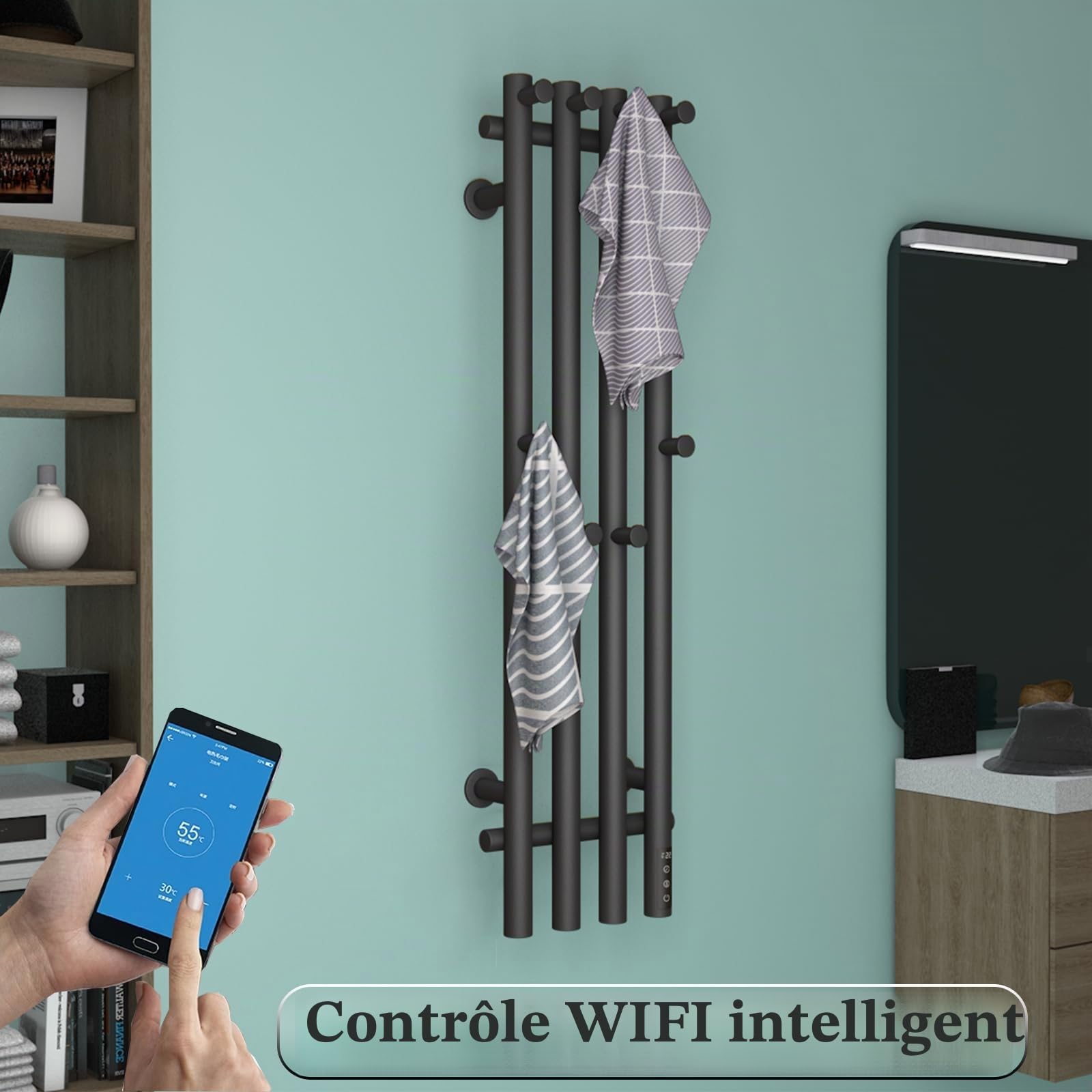 ESOP Sèche-Serviette Électrique Noir 100 W Chauffe-Serviettes 950 x 257 mm | WiFi Intelligent Porte-Serviettes Chauffant Électrique Commande Tactile à LED Radiateur de Salle de Bain avec 8 Crochets