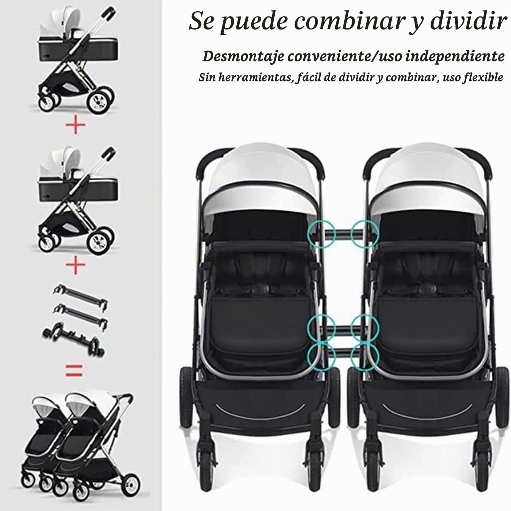 Rieort Cochecitos en tándem Plegables, Cochecito Gemelo de Paisaje Alto, Cochecito con Carrito de Gran Espacio, Cochecito Doble de Metal con Dosel Ajustable