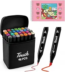 Kit Canetinhas Touch 48 Cores Para Colorir, Canetas com Ponta Dupla, Estojo com Zíper + 1 Livro de Colorir Capa Dura (1 Livro Rosa + Touch 48 Cores)