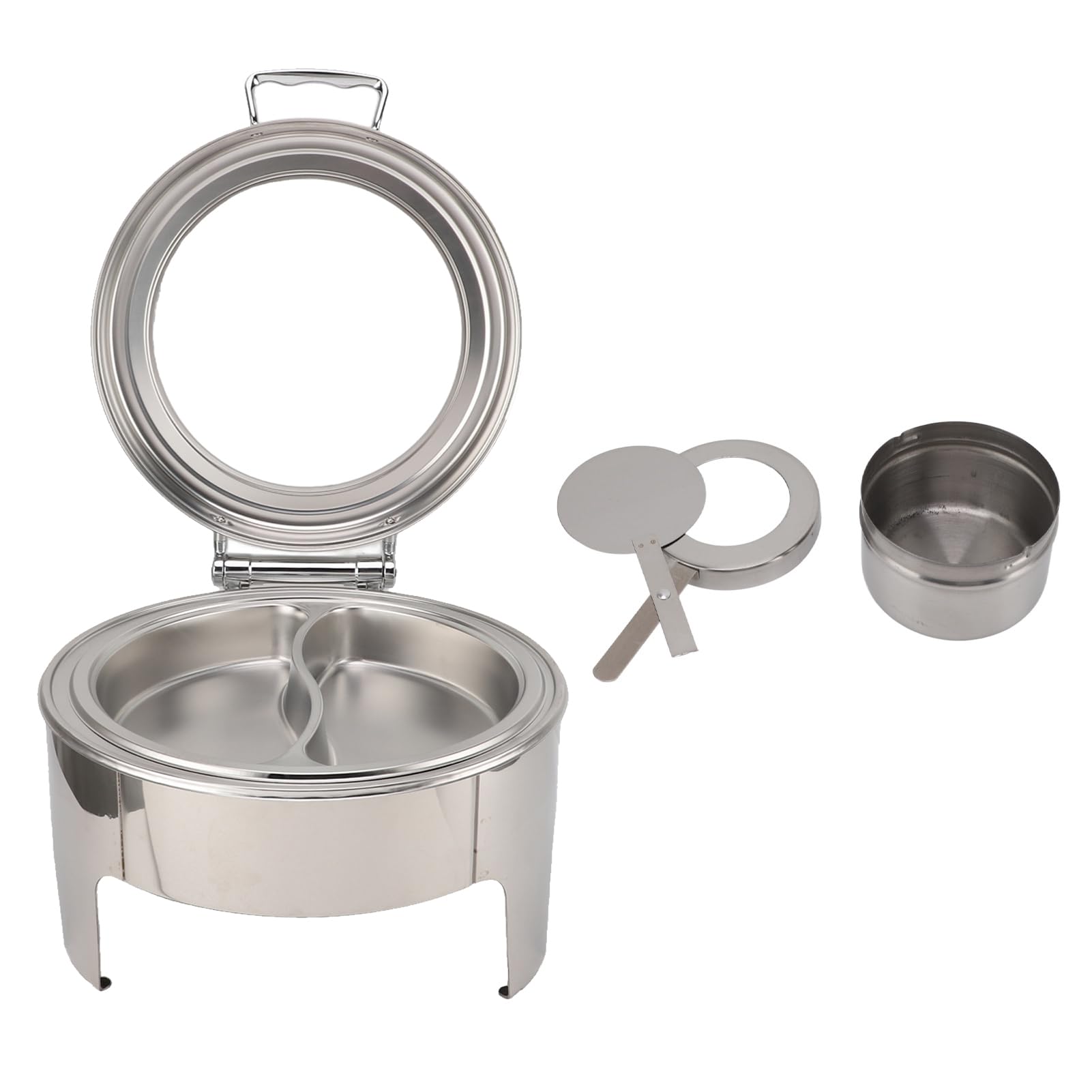 lyrlody Plato Redondo de Acero Inoxidable de 6 Litros, Servidor de Buffet con Tapa de Vidrio Visible, Calentador de Alcohol, Tapa Abatible de 90°, Sartén Profunda, Acabado Espejo para Buffet,
