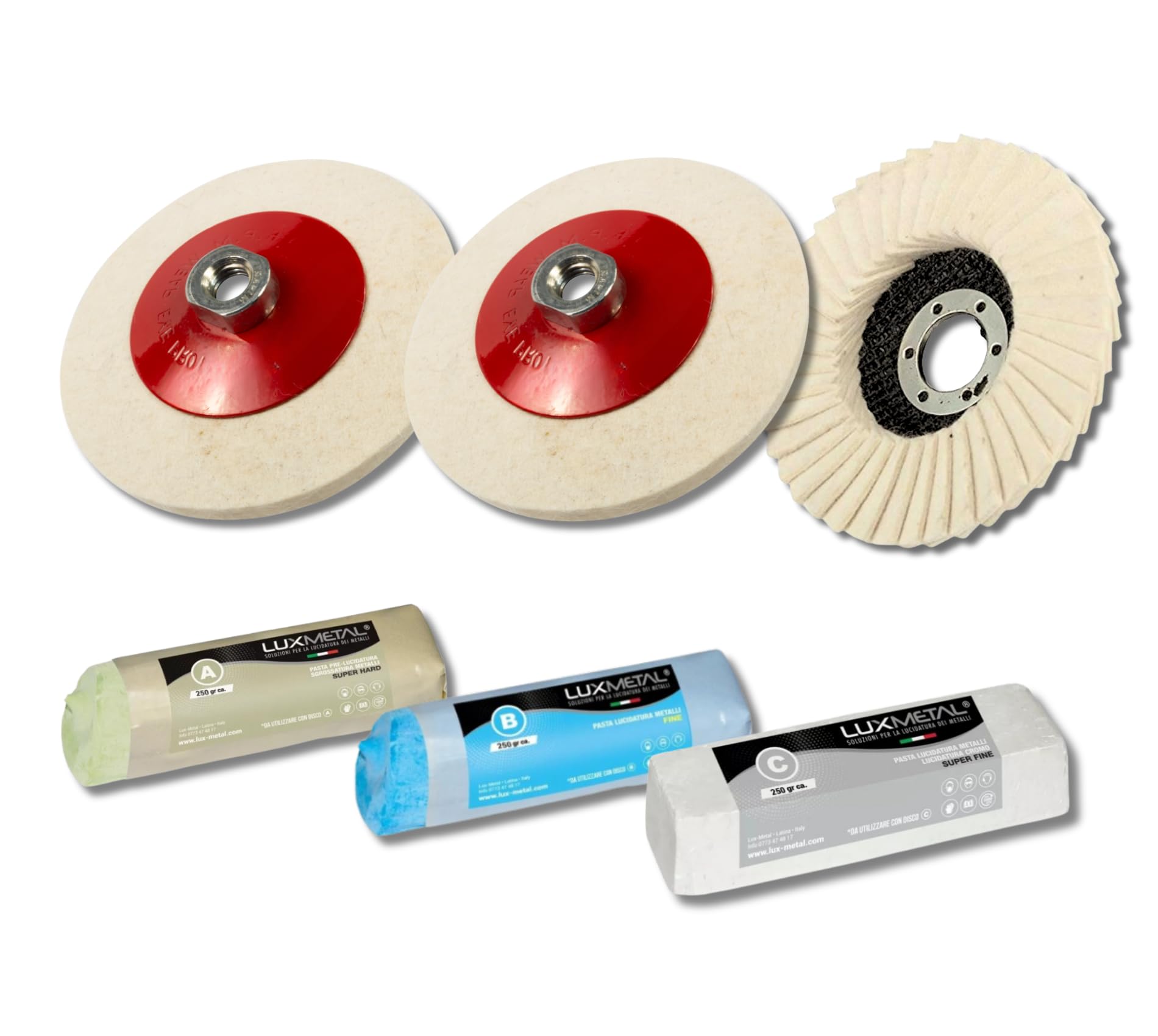 Lux Metal - Kit 2 Disco Lucidatura in Feltro 100 mm con Attacco M14 + 1 Lamellare 115 mm e 3 Pasta Abrasiva Lucidante 250 gr (A-B-C) Lucidare Alluminio Ferro Acciaio Inox Cromature Sgrossatura Metalli