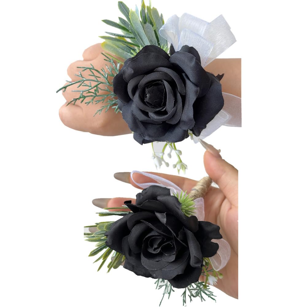 eamve 2pcs Rose Wrist Corsage and Boutonniere Set,Artificial Rose Wrist Corsage Wristband Men Boutonniere for Wedding Party Prom Suit,DIY Petals Hair Hat Wreath,Bride Hand Flower Flowers (Black)