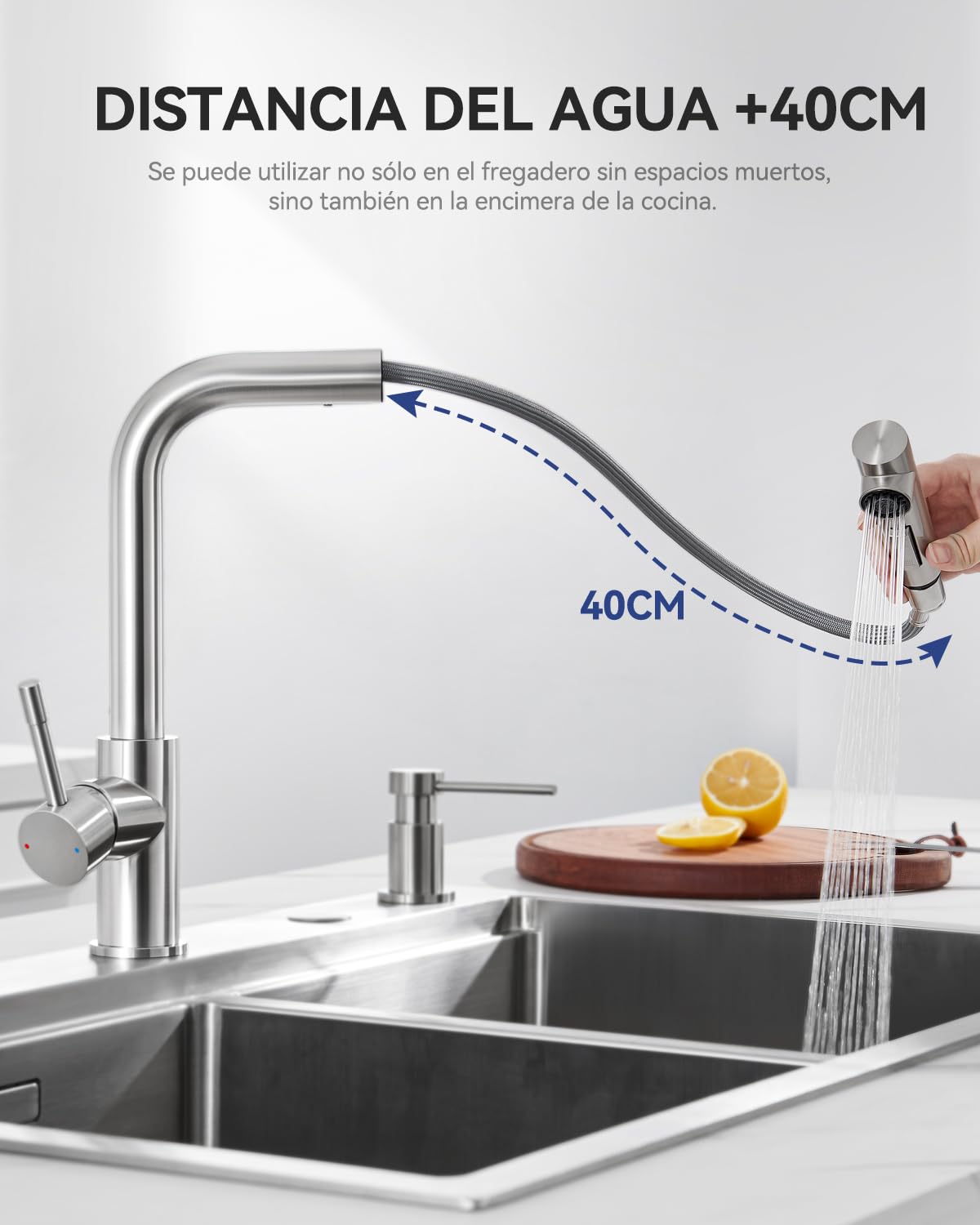 Grifo de cocina extensible, grifo de cocina con ducha, dos tipos de chorro de agua, grifo de alta presión, grifo de cocina de acero inoxidable cepillado, monomando de cocina, rotación de 360 ° | Dos tipos de chorro de agua, rotación de 360°, agua fría y c