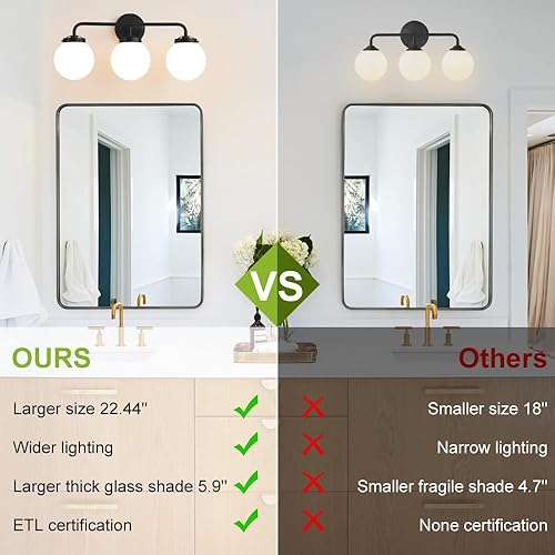 Miniatura 5 de Lámparas de baño negras sobre espejo, iluminación moderna de tocador de 3 luces con globo de vidrio blanco leche aplique de pared