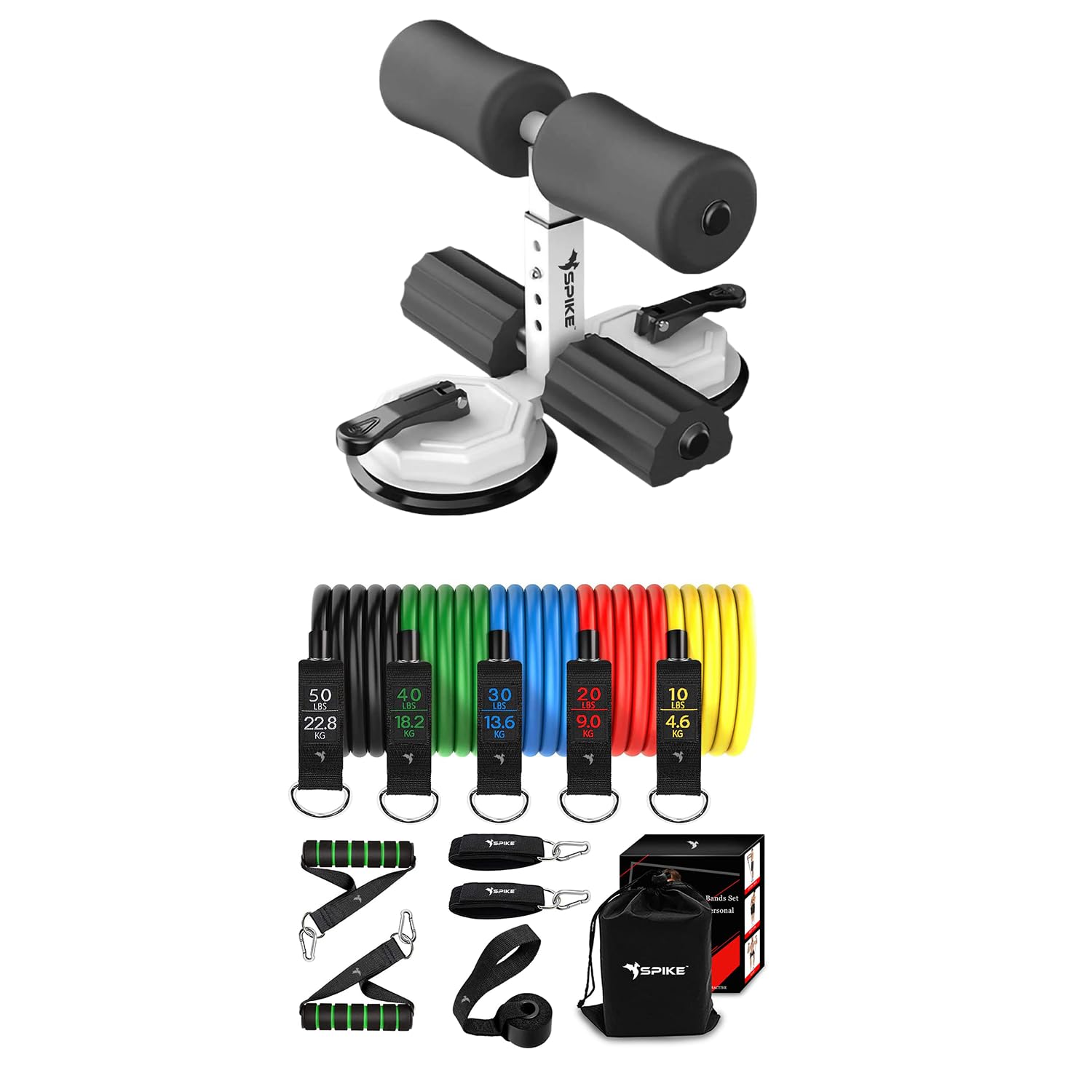 Spike Resistance Band Set and Ab Exerciser - 11 in 1 Home and Gym Exercise Kit - Pull Up Toning Bands + Ab Exerciser