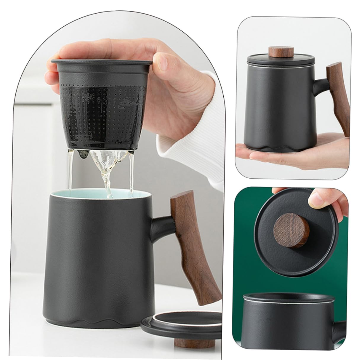 SHOWERORO Taza De Cerámica Grande Con Tapa y Filtro Para Café Infusiones y Té Para Hogar y Oficina