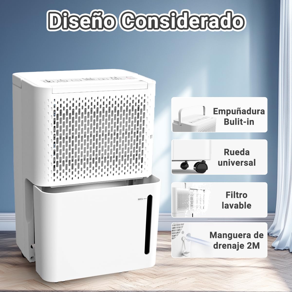 Pasapair Deshumidificador Eléctrico portátil 12L/día para habitaciones de hasta 120m³ (~ 20m²) con Pantalla LED,Sensor de Humedad,3 Modos,Drenaje Continuo,24h Temporizador.Contra el Moho y la Humedad