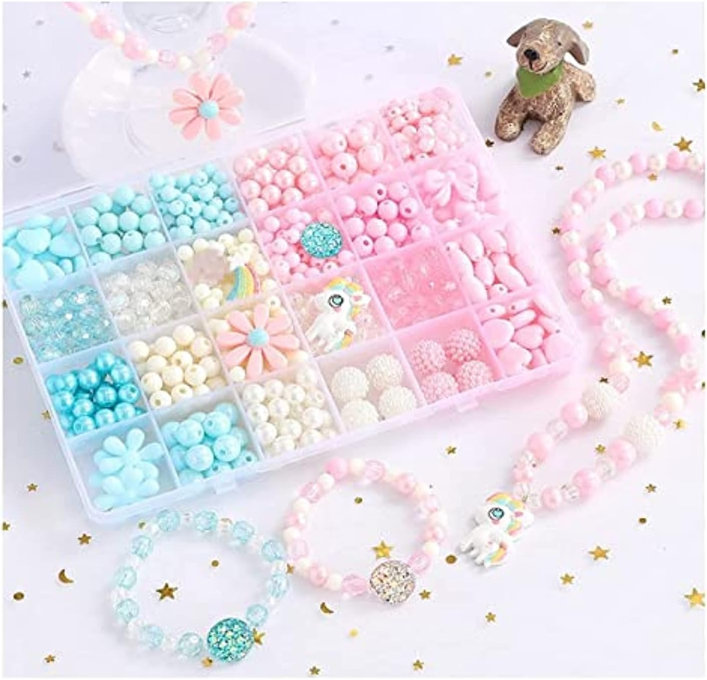 Grabmantra Pink And Blue Pony Pearl Beads Bracelet Necklace Making Kit With Unicorn Rainbow Flower Sparkling Beads, 24 Different Types Colorful Children Diy Bead Set 500Pcs (Glass Set)
