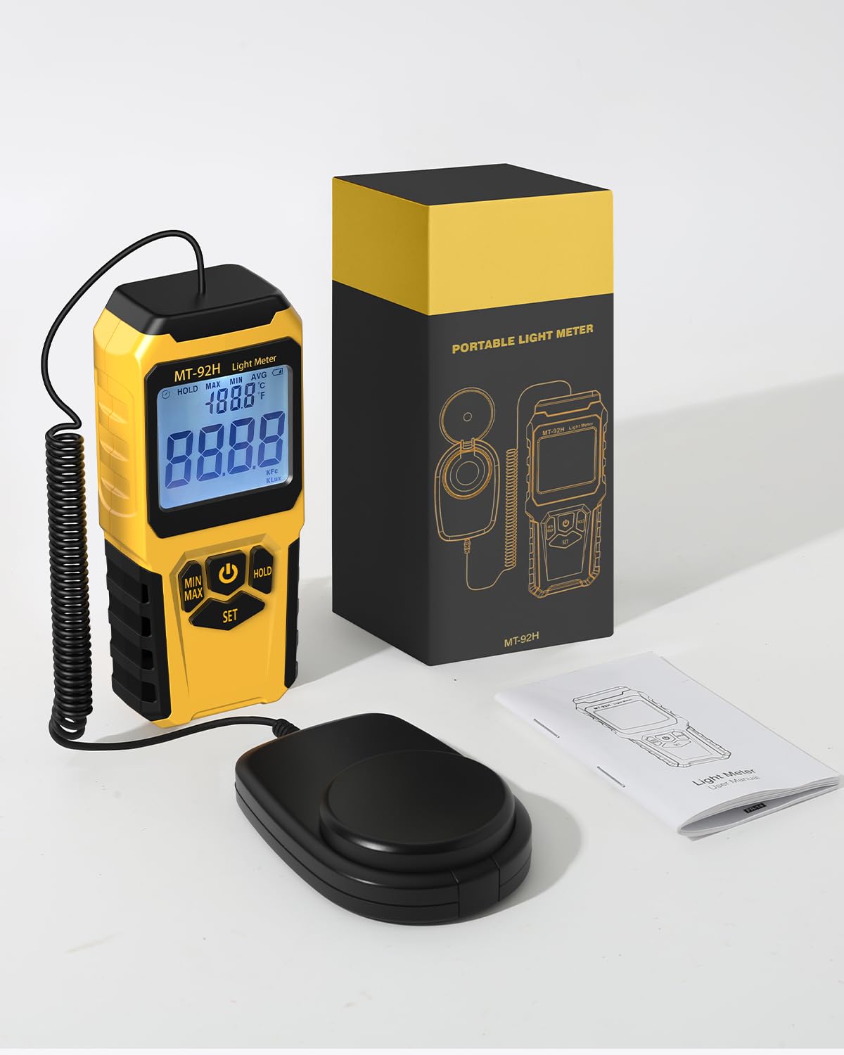 Digitales Luxmeter, Handheld Lux Messgerät Thermometer mit Externem Sensor, bis 200.000 Lux, hohe Genauigkeit, LCD Display, Lichtmessgerät für Pflanzen Innen Außen