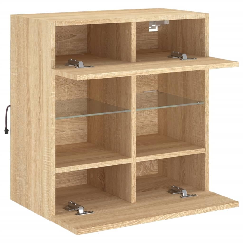 Mueble de pared para TV Sonoma Roble con luces LED RGB, madera, 58,5 x 30 x 60,5 cm, 2 estantes de cristal, montaje en pared, espacio de almacenamiento para sala de estar, dormitorio, cine