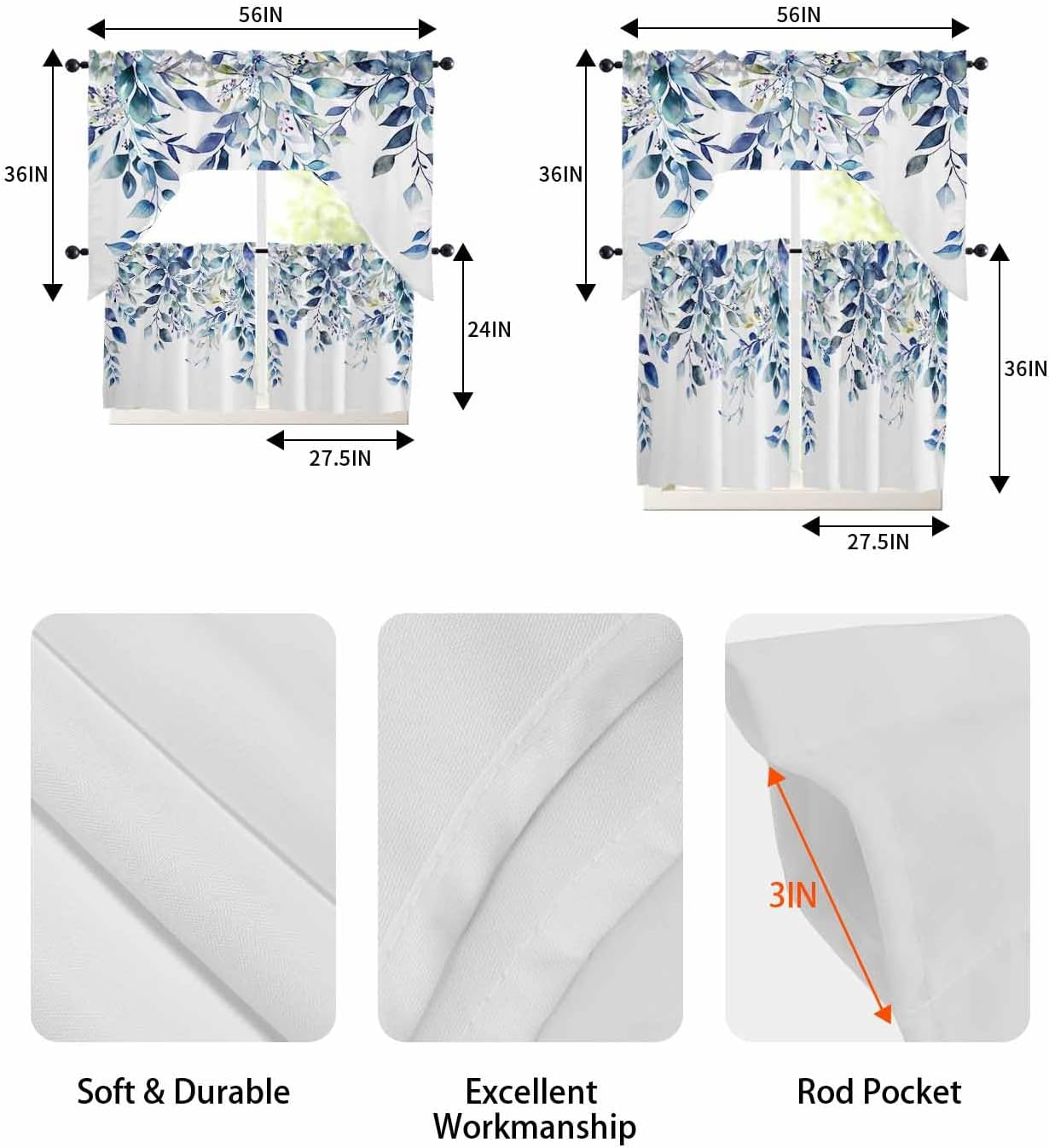 Blue Eucalyptus Leaves Swag Kitchen Curtains Valance and Tier Set 24 Inch Length, Summer Floral Rod Pocket Swag Curtains for Living Room Bedroom Bathroom Window Drapes 3 Piece Watercolor Botanical