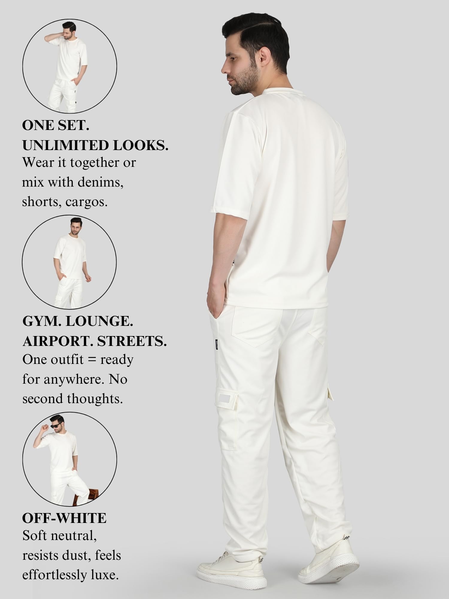 RAXEDO Men's Cargo Co-Ord Set | Men Co Ord Set | Track Suit for Men Summer β Stylish, Breathable & Comfortable Outfit for Casual, Travel & Everyday Wear (IN, Alpha, S, Off-White) 3