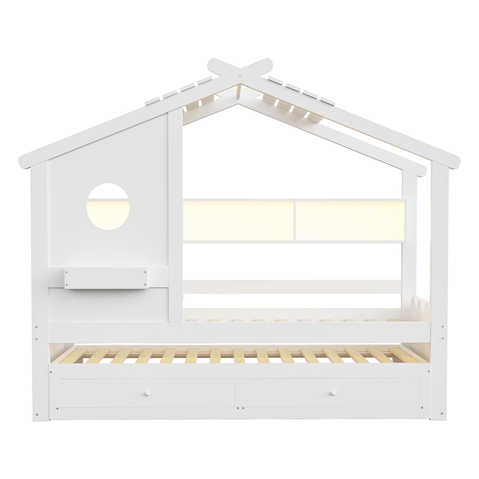 Letto Casetta per Bambini Ragazzi 90x200 con letto estraibile 90x190, Letto a Forma di Casa con LED e Porte di ricarica USB, 2 Cassetti e Ripiani, Struttura letto in Legno Massiccio(Senza Materasso)