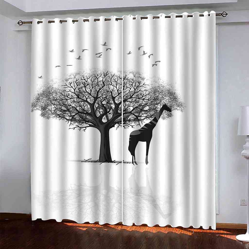 Rideau occultant girafe animal noir et blanc 3D 200x214 cm pour salon
