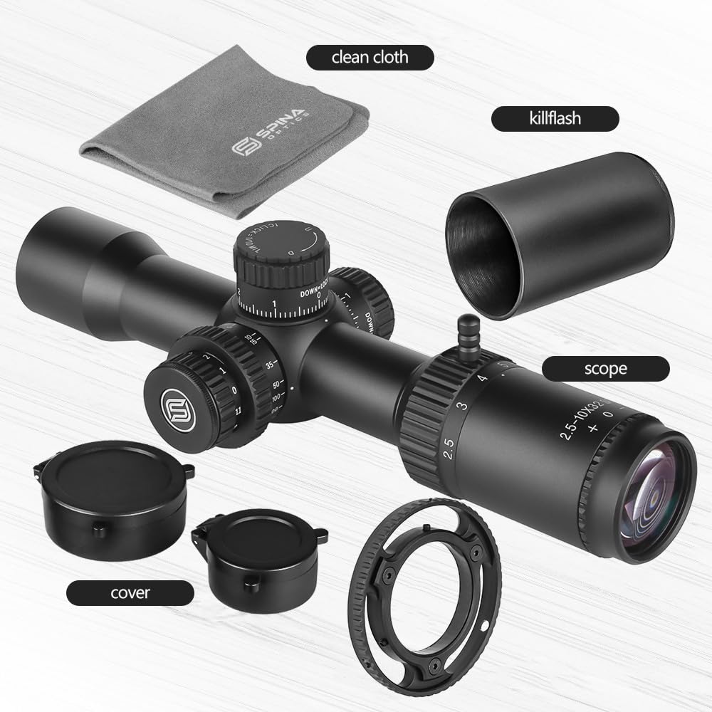 SPINA OPTICS Lunette de visée 2.5-10x32 SFP Lunette Chasse avec éclairage mil Dot Reticle, Tube de 30 mm deuxième Plan Focal avec Support annulaire de 20 mm
