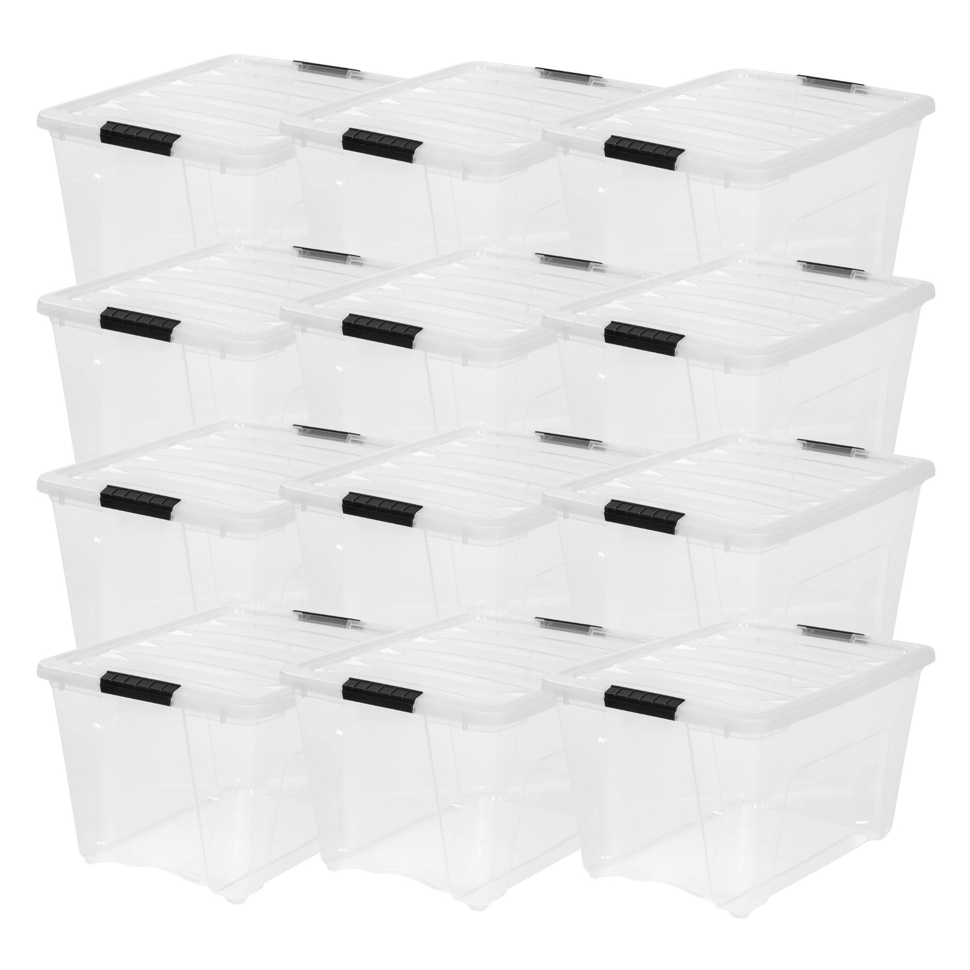 IRIS USA 54 Qt Stackable Plastic Storage Bins with Lids, 12 Pack - BPA-Free, Made in USA - See-Through Organizing Solution, Latches, Durable Nestable Containers, Secure Pull Handle - Clear