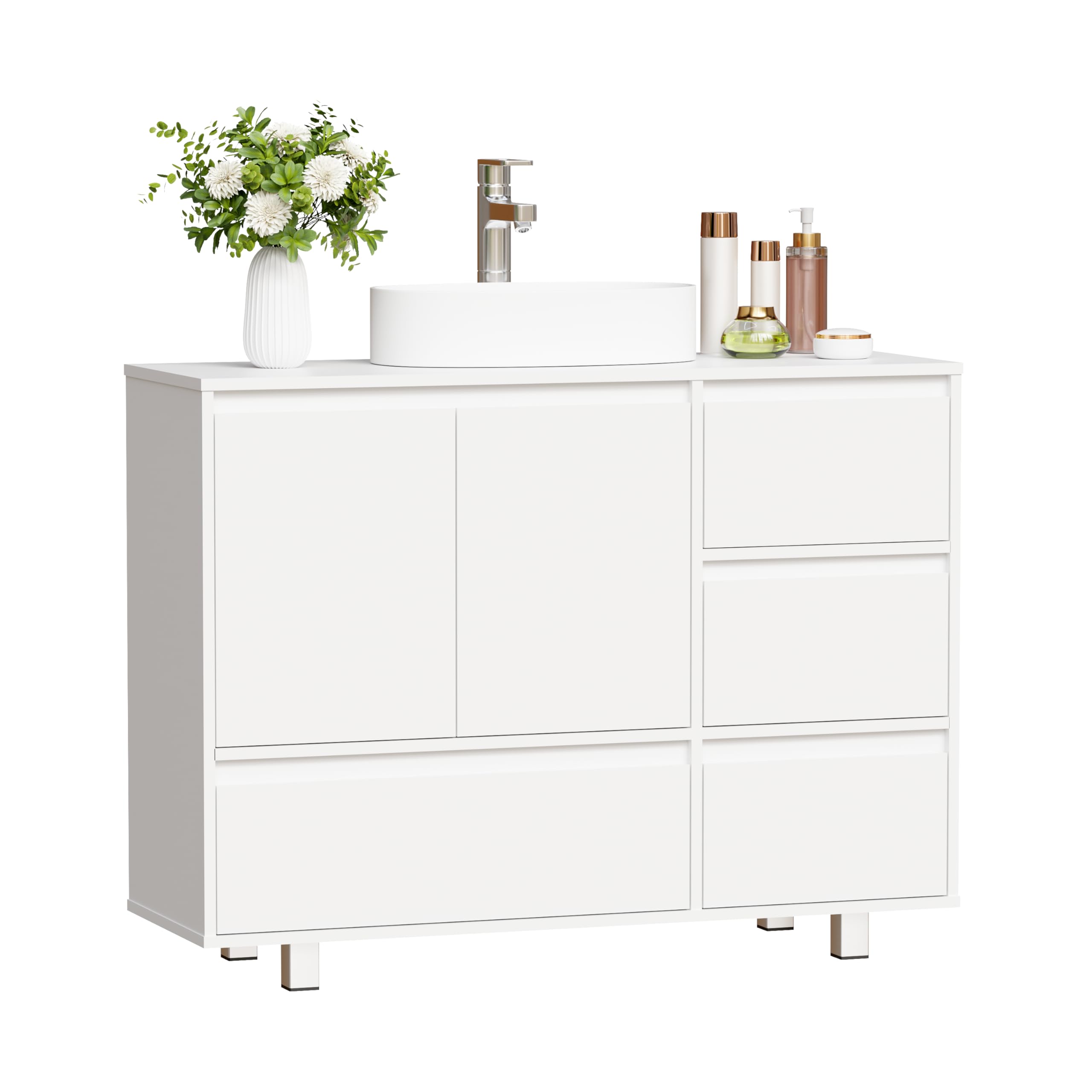 ANWBROAD Mueble Bajo Lavabo, 4 Cajones, 2 Puertas, Armario de Baño con Patas, Moderno,90 x 30 x 64,5 cm, Blanco SSC002W