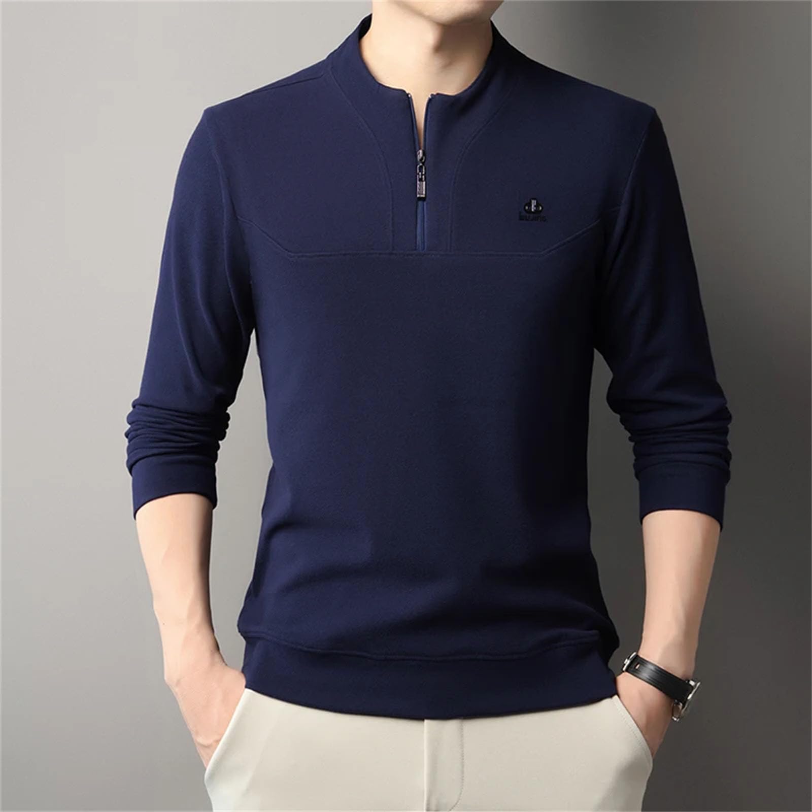 Maglietta da uomo in velluto a maniche lunghe, calda, mezza età, alla moda, con cerniera e scollo rotondo
