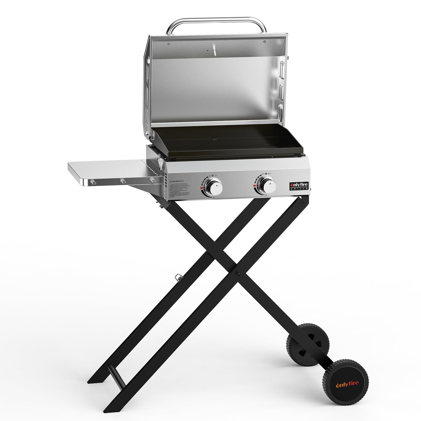 onlyfire Plancha à Gaz en Inox sur Chariot, 2 Brûleurs 4,7 kW | avec Couvercle et Thermomètre, Plaque 46 × 36 cm en Céramique Antiadhésive, Tablettes Latérales