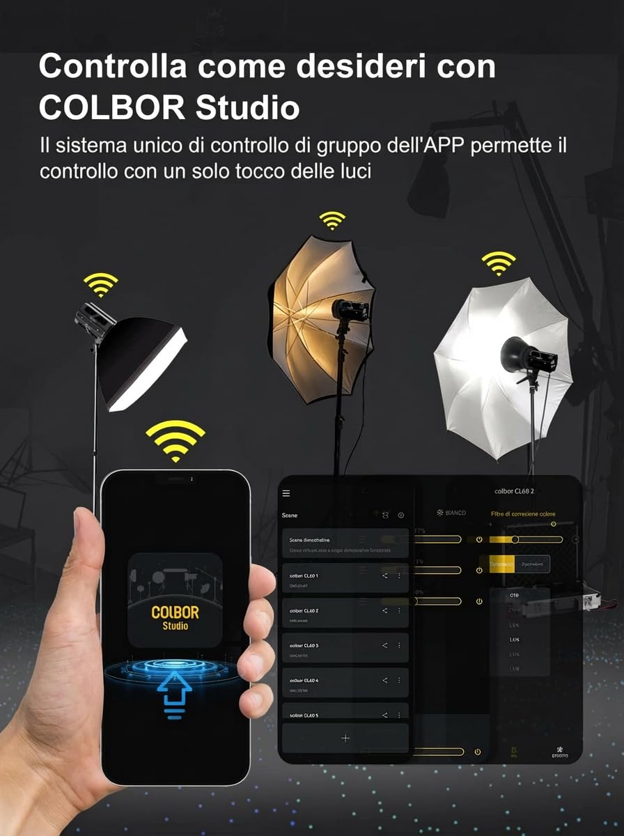 Luce Video, COLBOR CL100X 110W COB Video Light Bicolore 2700K-6500K Illuminazione Continua CRI97+ 10 Effetti di Luce Alluminio LED Lampada con APP Attacco Bowens, Luce-Video-Light-Studio-Monoluci