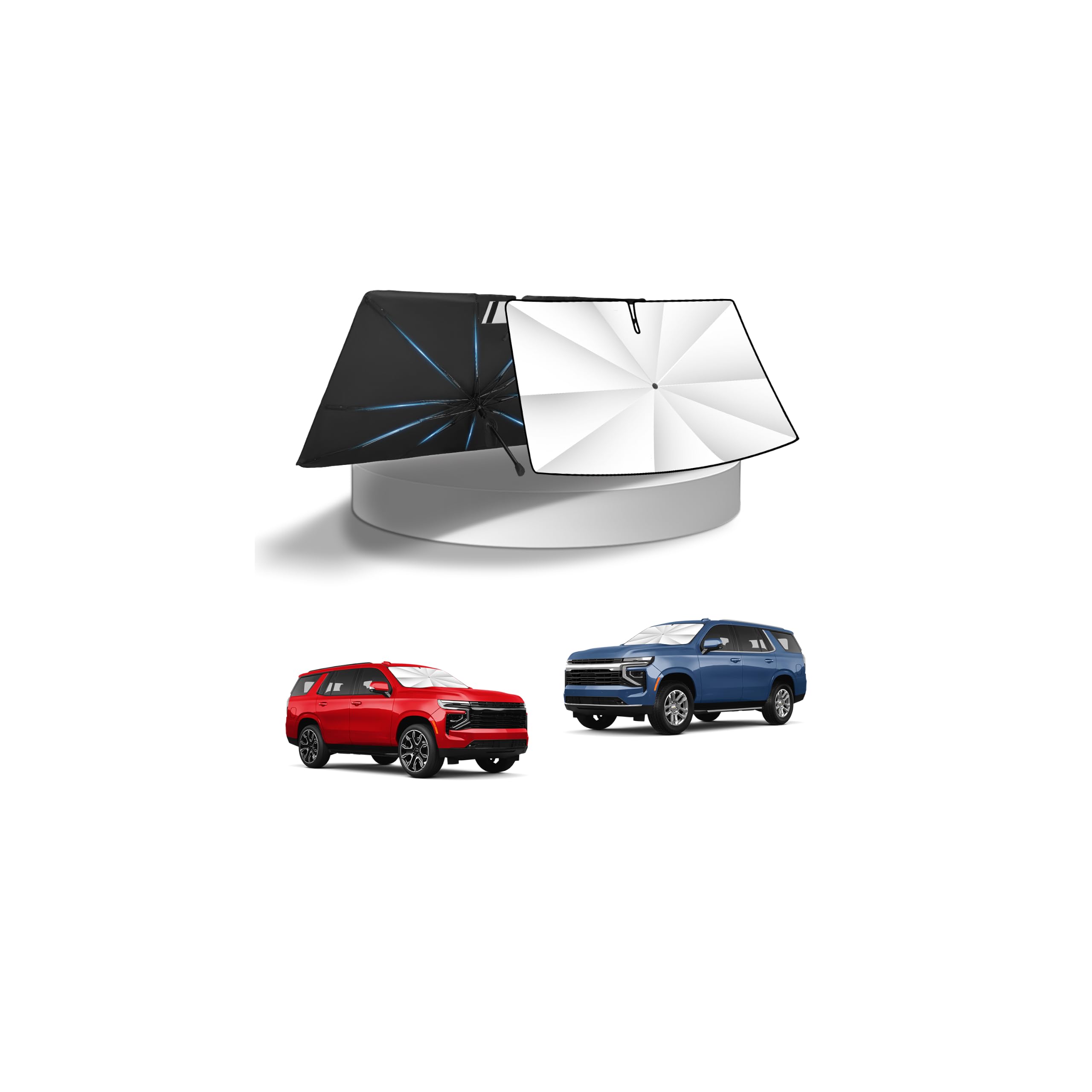 KUST Windshield Sun Shade Umbrella for 【2015-2020 Chevrolet Chevy Suburban/Tahoe, GMC Yukon XL, Yukon Denali XL】 | Custom Fit Titanium Silver Windshield Sunshade | with Bendable Handle | Blocks Heat
