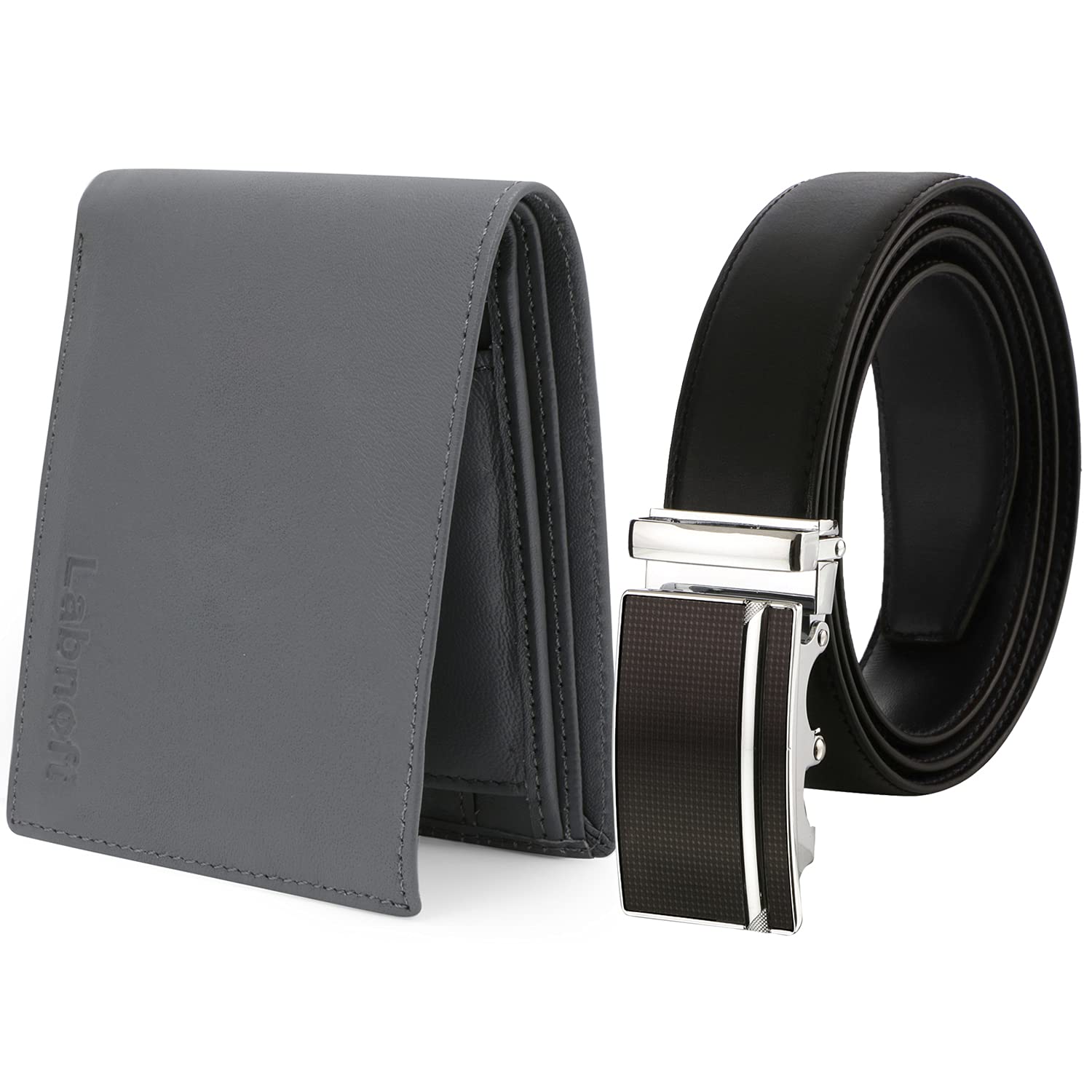 Labnoft Men's Autolock Leather Belt and Wallet Combo, Grey, Free Size