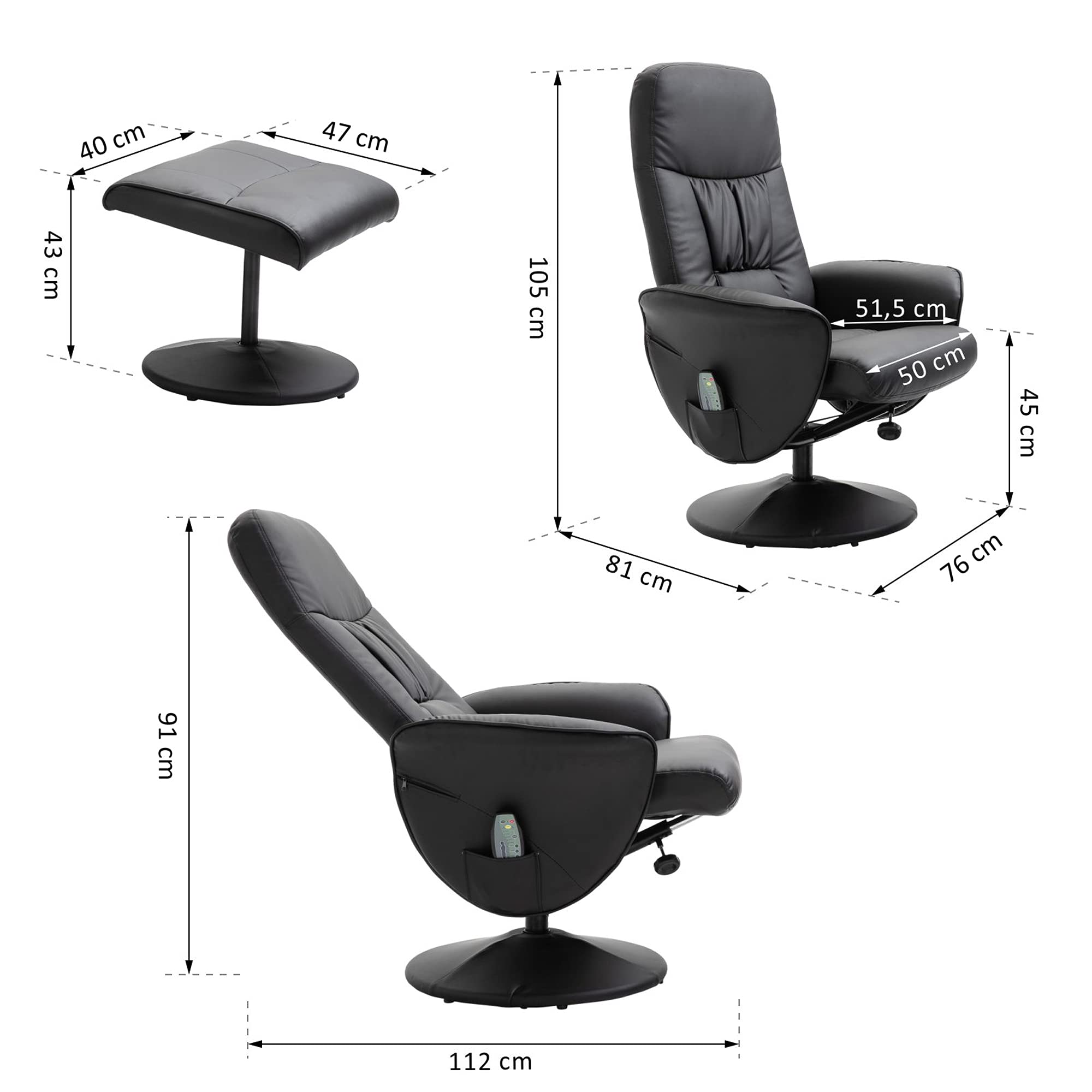 HOMCOM Relaxsessel mit Hocker, Massagefunktion,Fernbedienung, Schwarz | Fernsehsessel, Liegefunktion, 10 Massagepunkte, Massagesessel, Seitentasche, Drehbar TV-Sessel, Kunstleder