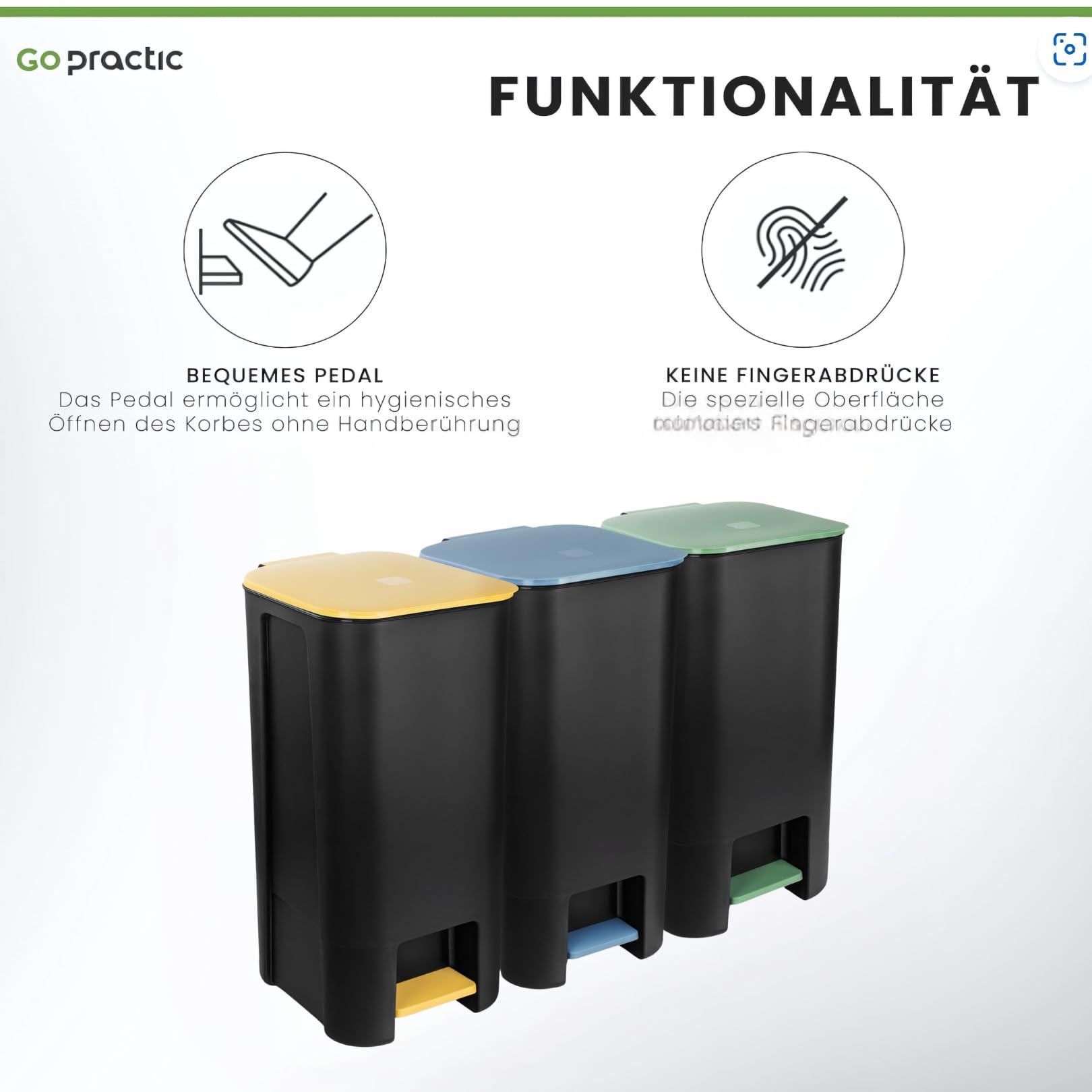 Treteimer Set 3x 40L, Tretmülleimer mit Pedal, Gelb, Grün, Blau Mülleimer, Mülltrennsystem für Papier, Kunststoff und Glas, Küchenmülleimer Recycling, mit Farbdeckel, Küche