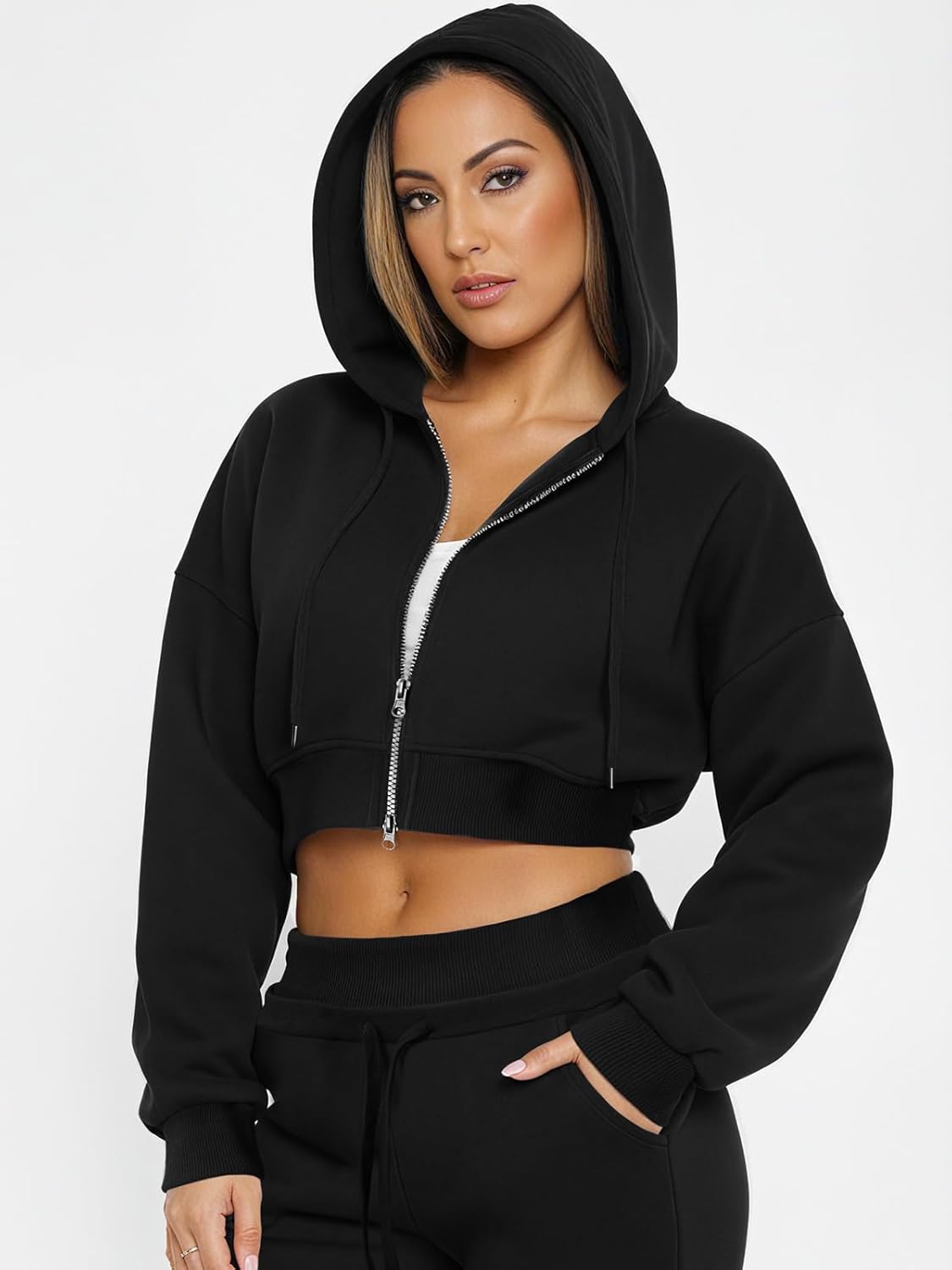 AARYA Crop Hooded Sweatshirt Women Fleece Lined Two-way Zip Up Hoodie Comfy Cotton Plain Sweatshirts Warm Fall Clothes - Image 6