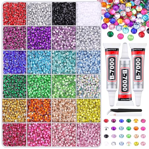 24000Pcs Resin Rhinestones for Crafting with Tweezers, Multicolor 3mm Bedazzling Crystal with 3Pcs 10ml B7000 Jewelry Glue for DIY Crafts Clothing Tumblers Shoes Fabric Nail Art