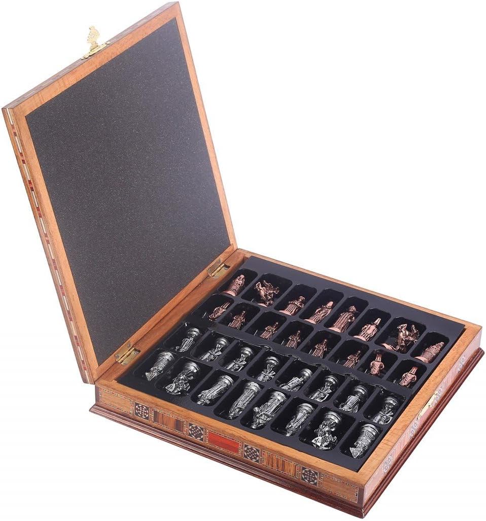 Ottoman vs Byzantine Figures Metal Chess Set for Adults,Handmade Pieces and Natural Solid Wooden Chess Board,Pearl Design Around Board and Storage Inside (Walnut)
