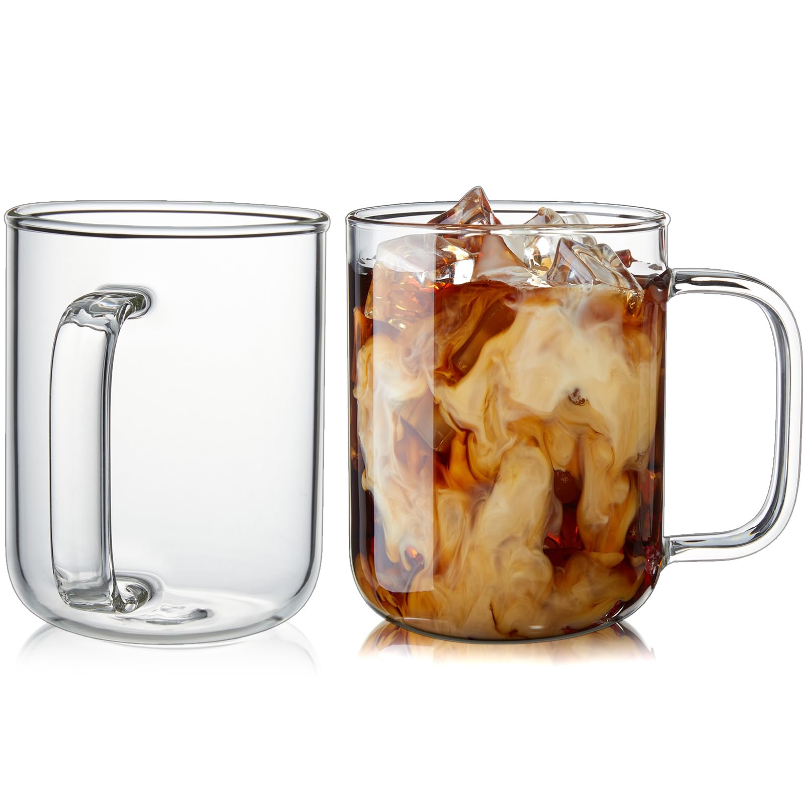 BWODYAY Glass Coffee Mugs, 12 oz iced coffee cups, Clear Tea Cups Set of 2, Glass Mugs with Handles, Glass Cups for Latte, Cappuccino, and Tea