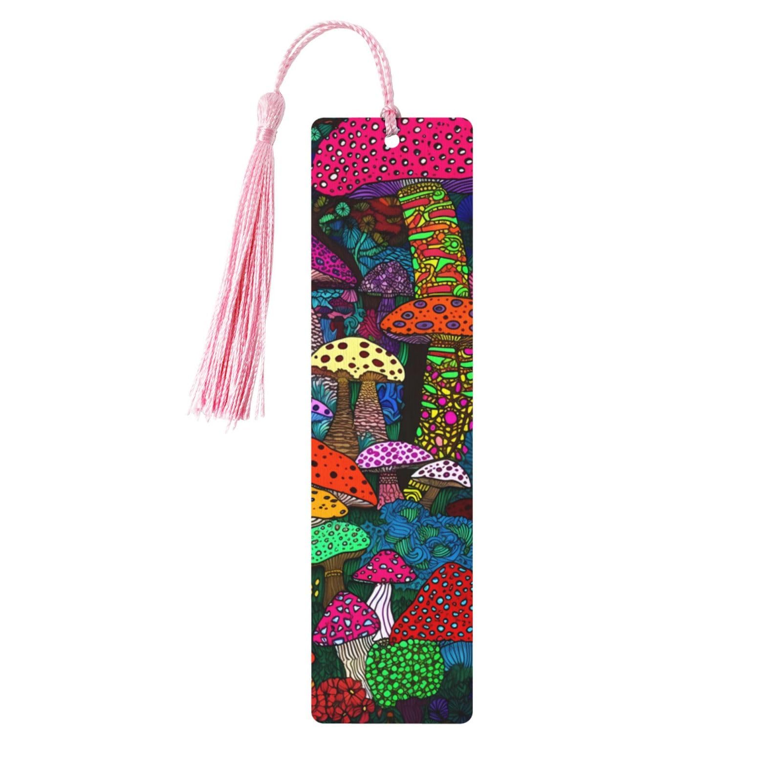 Funny Mushrooms Double-Sided Print Funny Mushroom Bookmarks Wooden Book Marks with Pink Tassel, Cartoon Plant Lightweight Page Markers Book Lovers Gifts