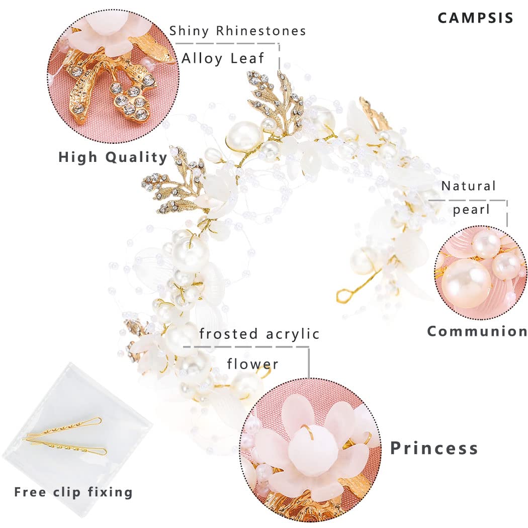 Campsis Princess Flower Crystal Headpiece Gold Rhinestone Pearl Headband Alloy Floral Bridal Hair Accessories Communion Wedding Prom Photography for Girls and Women 3