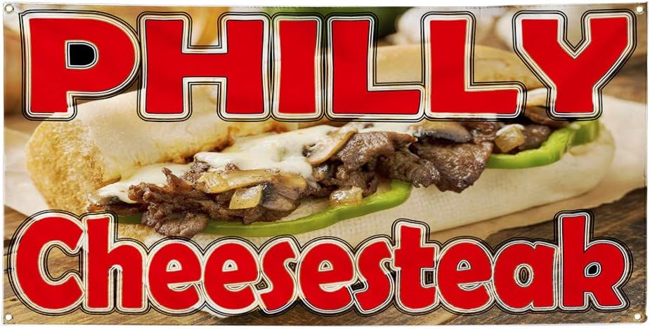 Vinyl Banner Multiple Sizes Philly Cheese Steak Restaurant Food Bar Restaurant & Food Outdoor Weatherproof Industrial Yard Signs Red 4 Grommets 16x40Inches