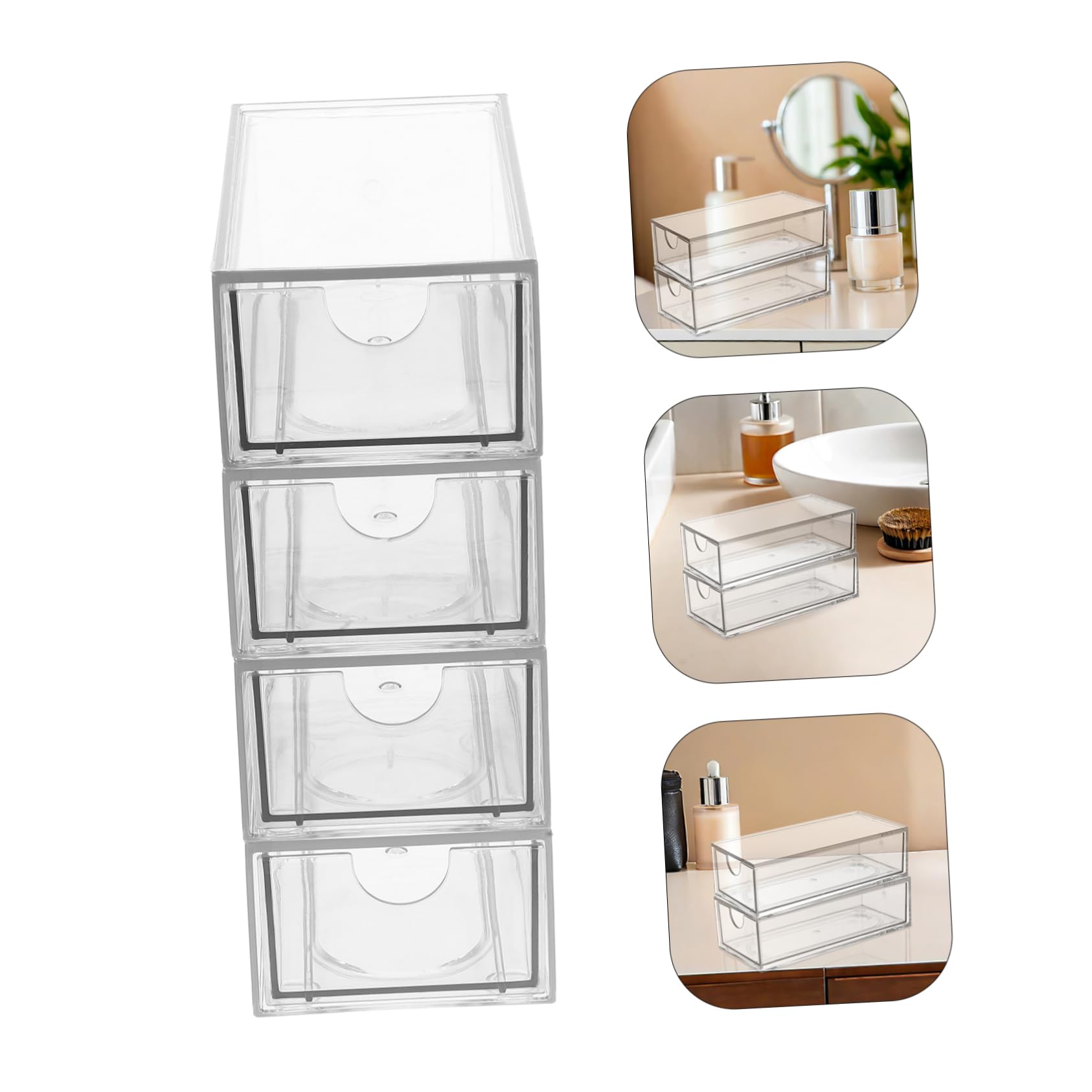 TEHAUX Organizer 4 Cassetti Impilabili, Grande Capacità 4 Pezzi in Plastica Trasparente Resistente alla Deformazione per Chioma per Ufficio e Scrivania