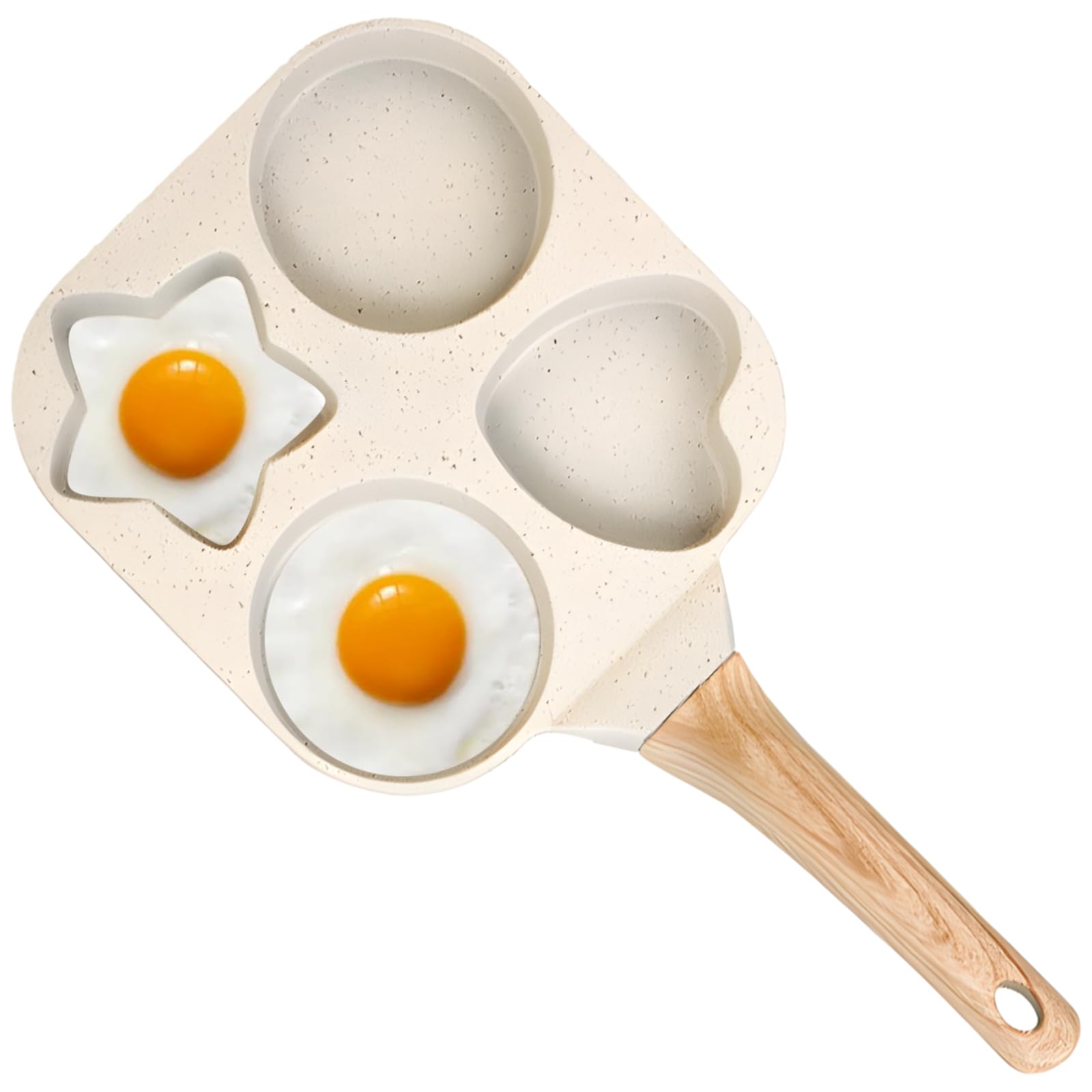 Nonstick 4 Egg Frying Pan, Heart Star Shaped Breakfast Skillet, Quick Heating Aluminum Cookware with Wooden Handle, Ideal for Family Breakfast