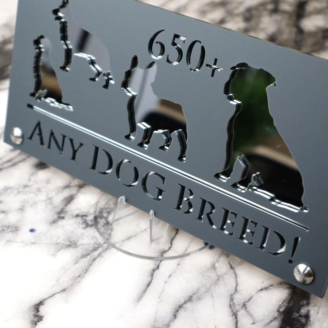 K Smart Sign | 280mm x 140mm | Personalised Dog Luxe property house Dogs wall number address Any-Dog personalised plaque numbers signs fully personalised choose your own (Grey & Silver Mirror)