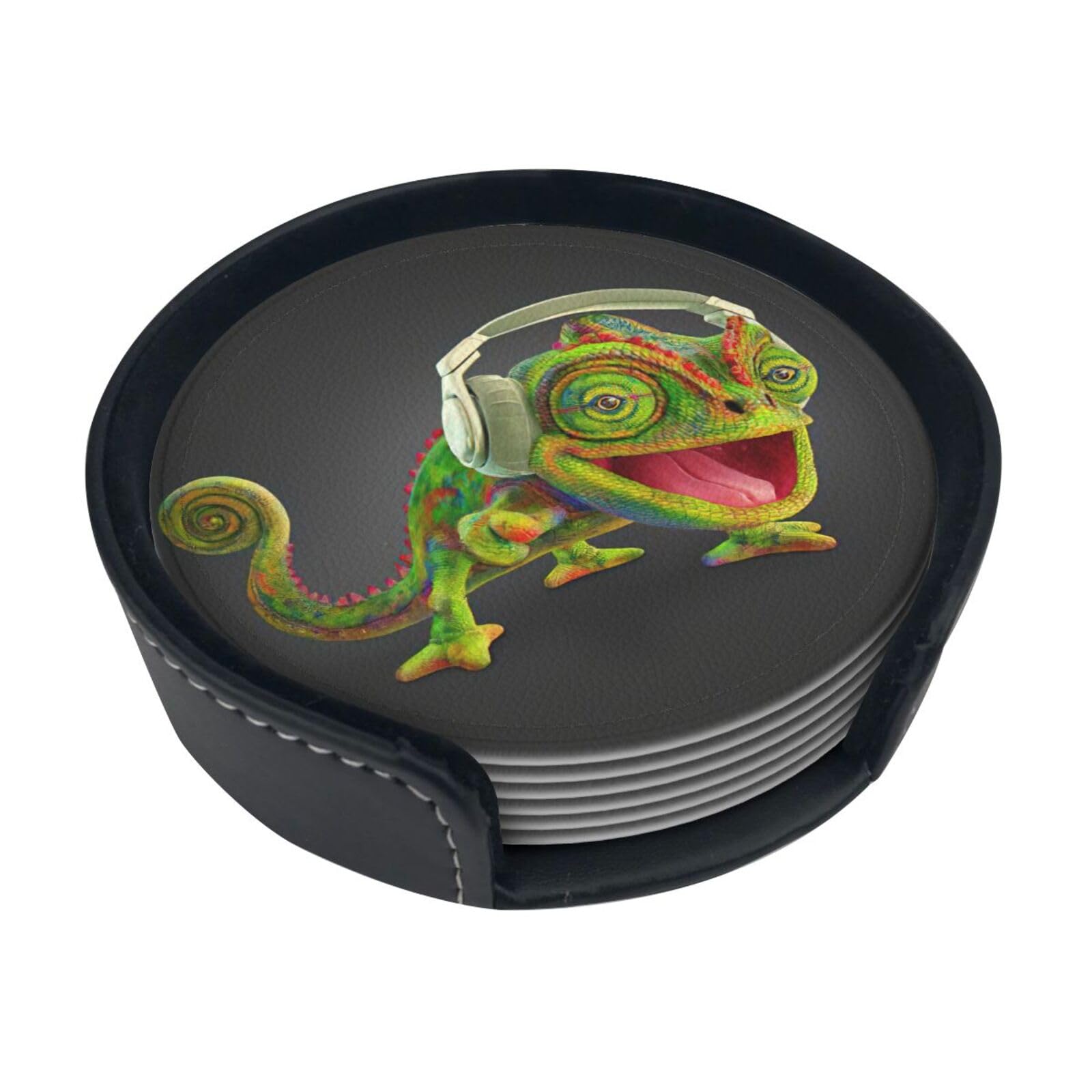 Chameleon Listen Music Print Leather Coasters Set Of 6 With Holder,4 Inch Round Drink Coasters,Heat Resistant,Easy Clean For Home & Bar