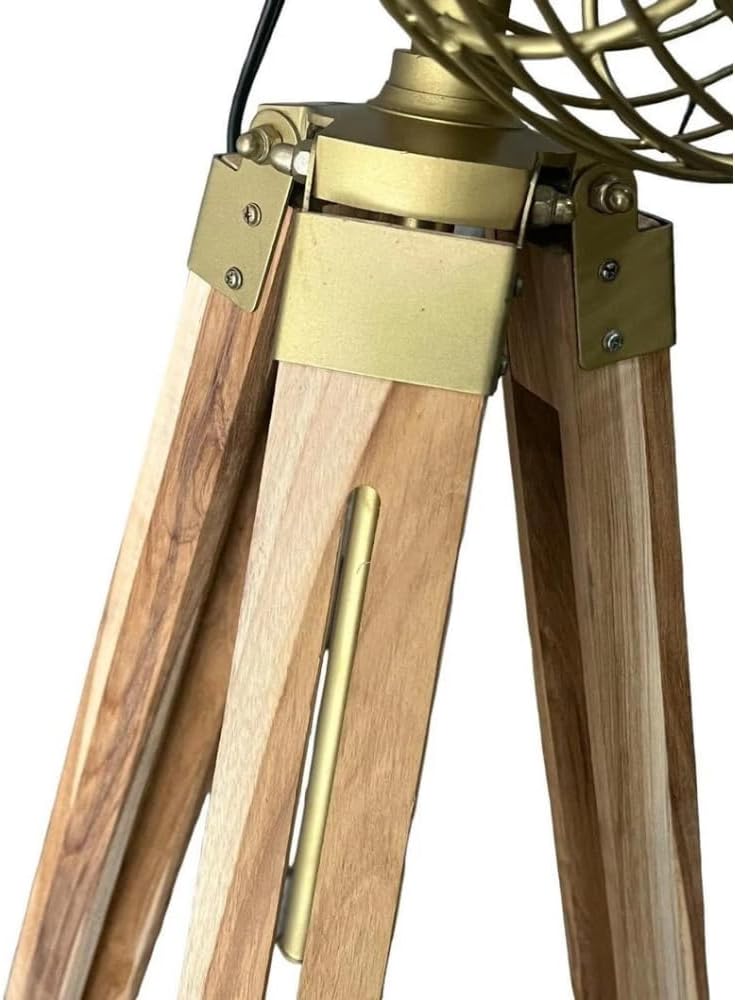 Vintage Industrial Rotating Pedestal Fan on Wooden Tripod, Brass Metal, Floor Standing, Decorative Home Accent