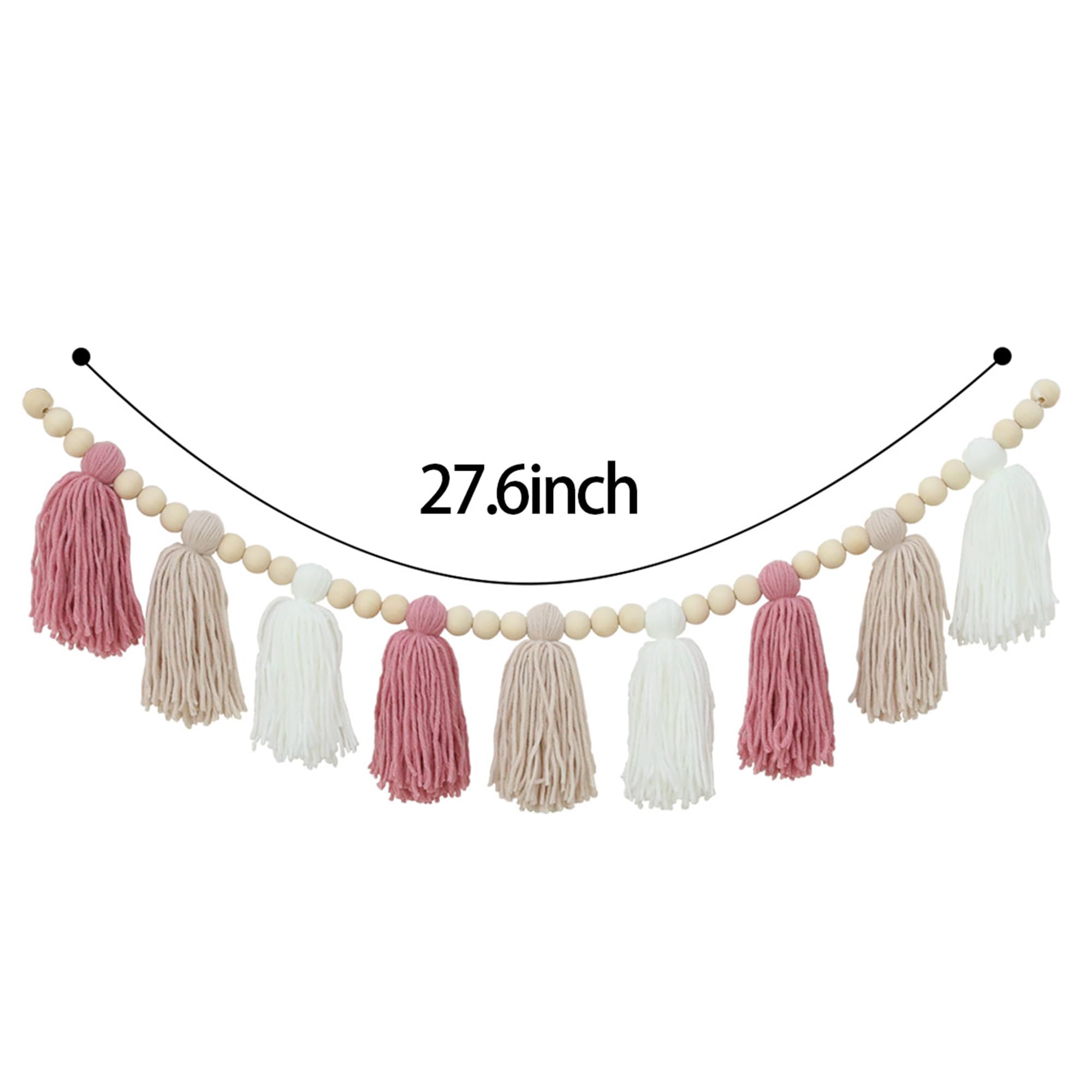 Guirnalda de borlas de lana rosa caqui blanca con cuentas de madera para baby shower