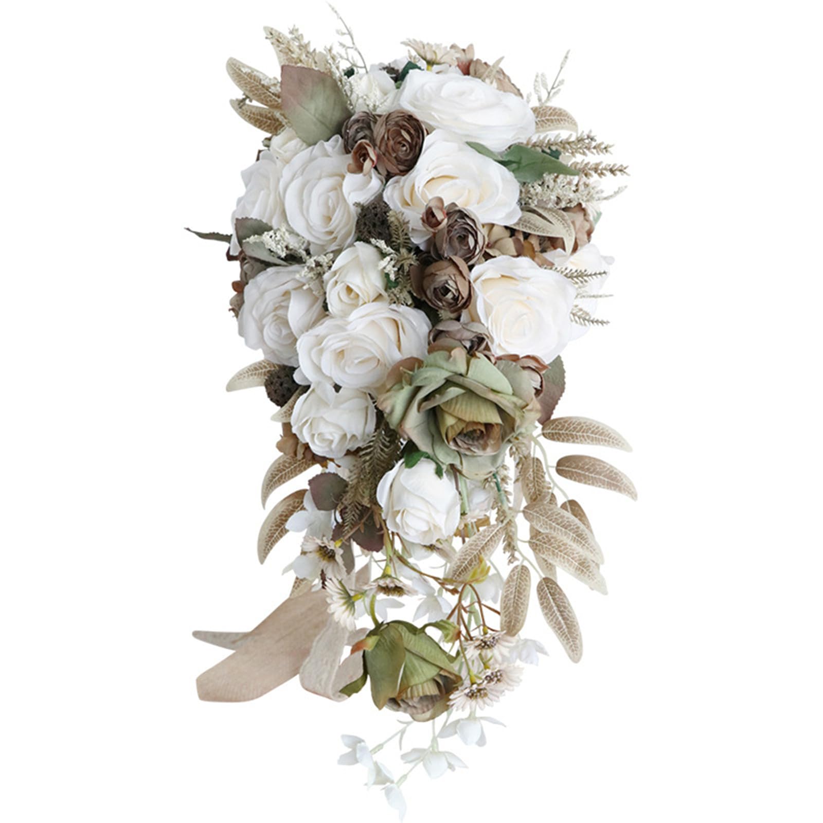 Hochzeit Wasser Tropfen Bouquet für Braut, Braut Wasserfall künstliche Sträuße für Zeremonie Jahrestag Partei Braut Dusche Hochzeit Blumen (Cremeweiß Khaki)