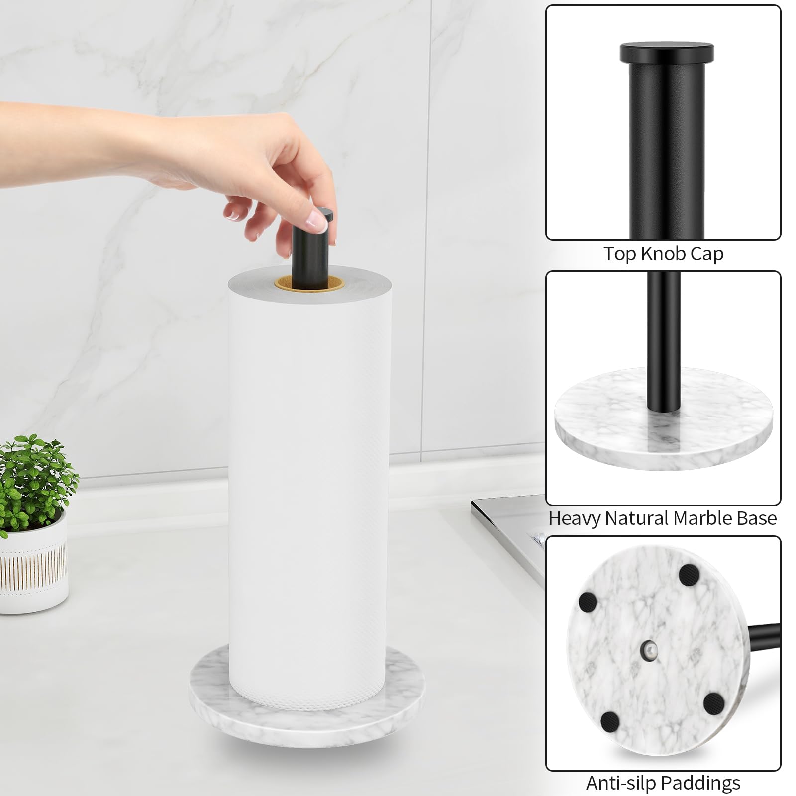 Paper Towel Holder Stand For Countertop, WeGuard Stainless Steel Large Base Rack Free Standing One Handed Tearing Tissue Paper No Wobbly Brushed Nickel