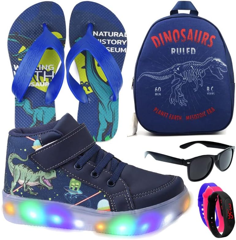 Tenis Botinha Masculino De Led Com Calce Facil Infantil Dinossaur...