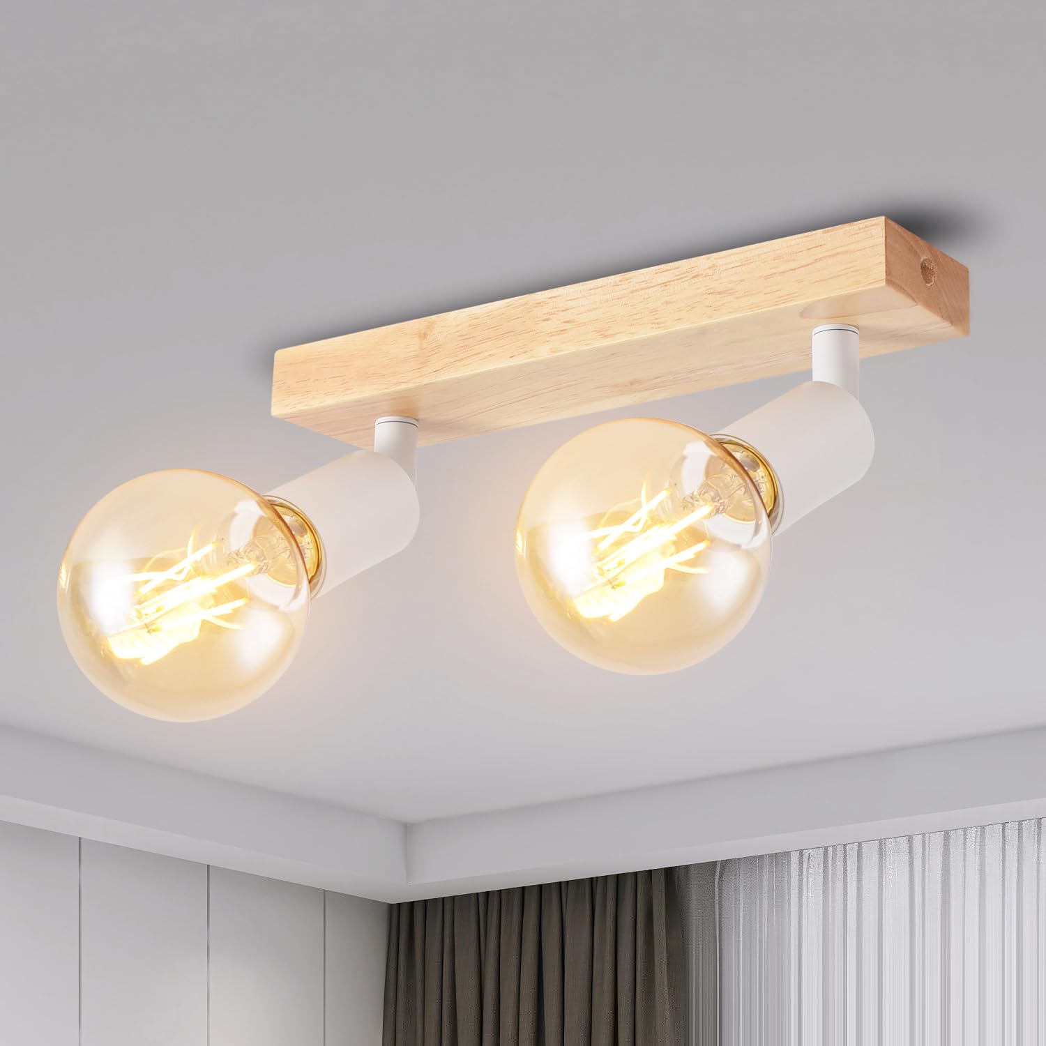 ANWIO LED Deckenstrahler Weiß Holz Deckenstrahler 2 Flammig Deckenlampe E27 Deckenleuchte LED deckenlampe schwarz Vintage Wandlampe für Wohnzimmer Schlafzimmer Küche kinderzimmer Ohne Leuchtmittel
