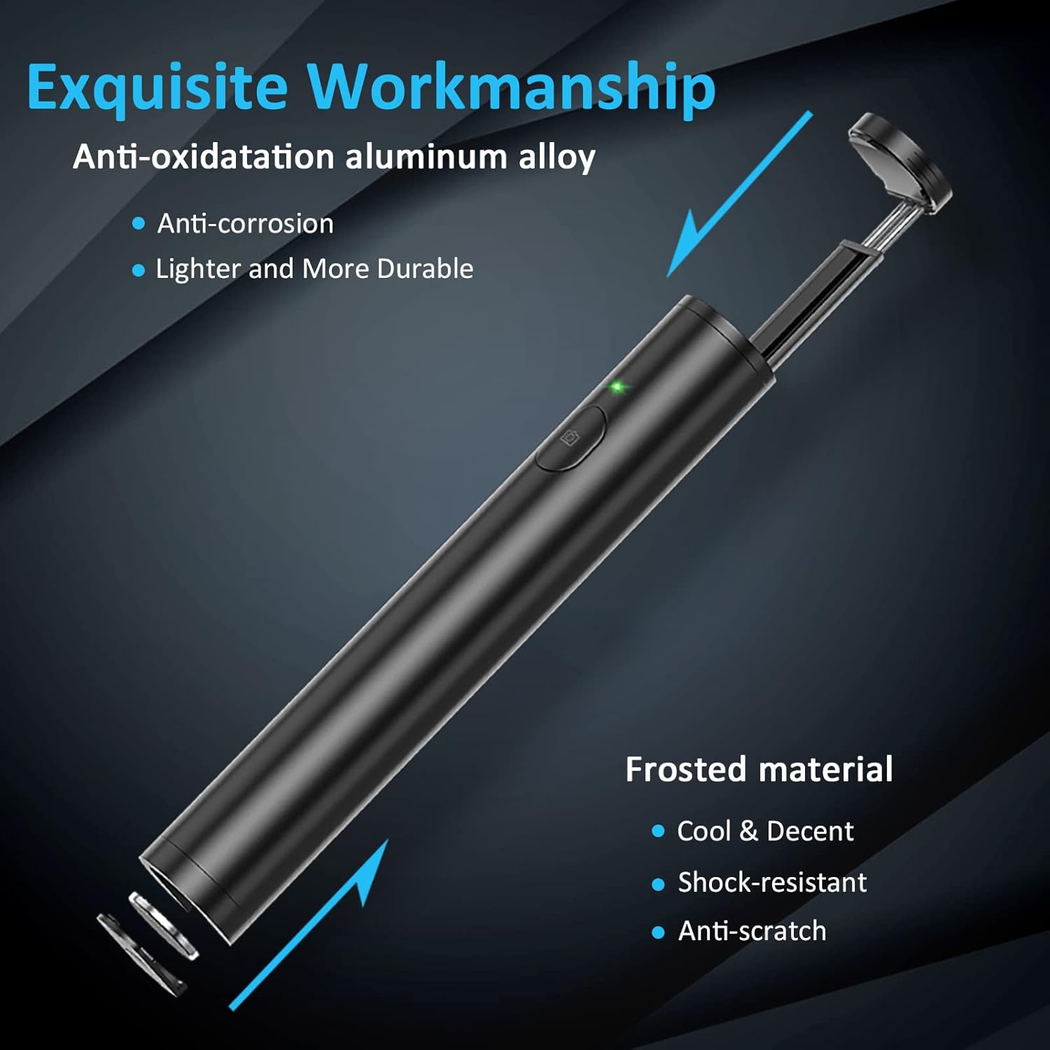 Close-up of the Vproof Selfie Stick handle, highlighting its anti-oxidation aluminum alloy and frosted material for durability and comfort.