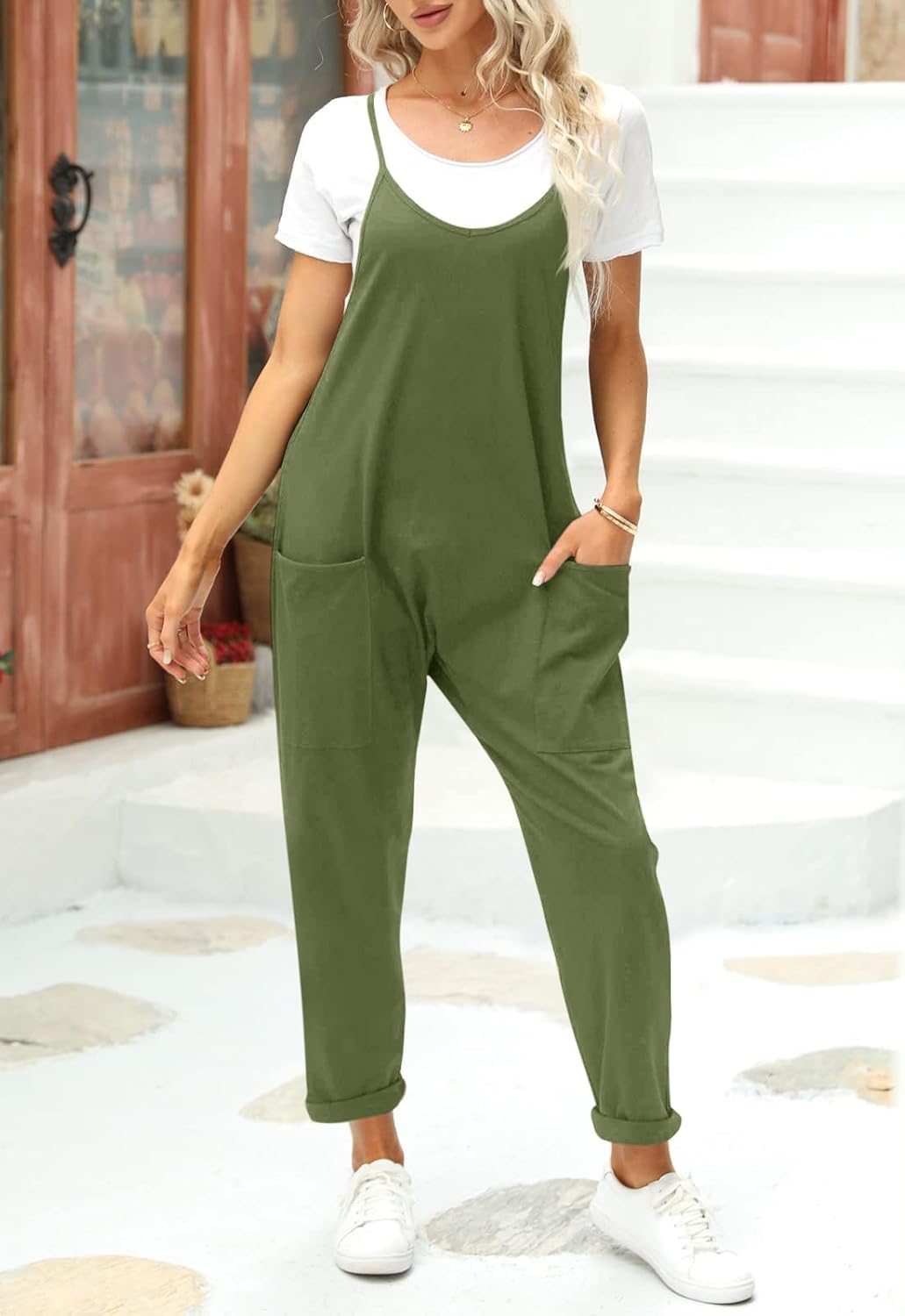 Fisoew Women's Summer Sleeveless Loose Casual V Neck Jumpsuits Spaghetti Strap Long Pants Baggy Overalls with Pockets - Image 4
