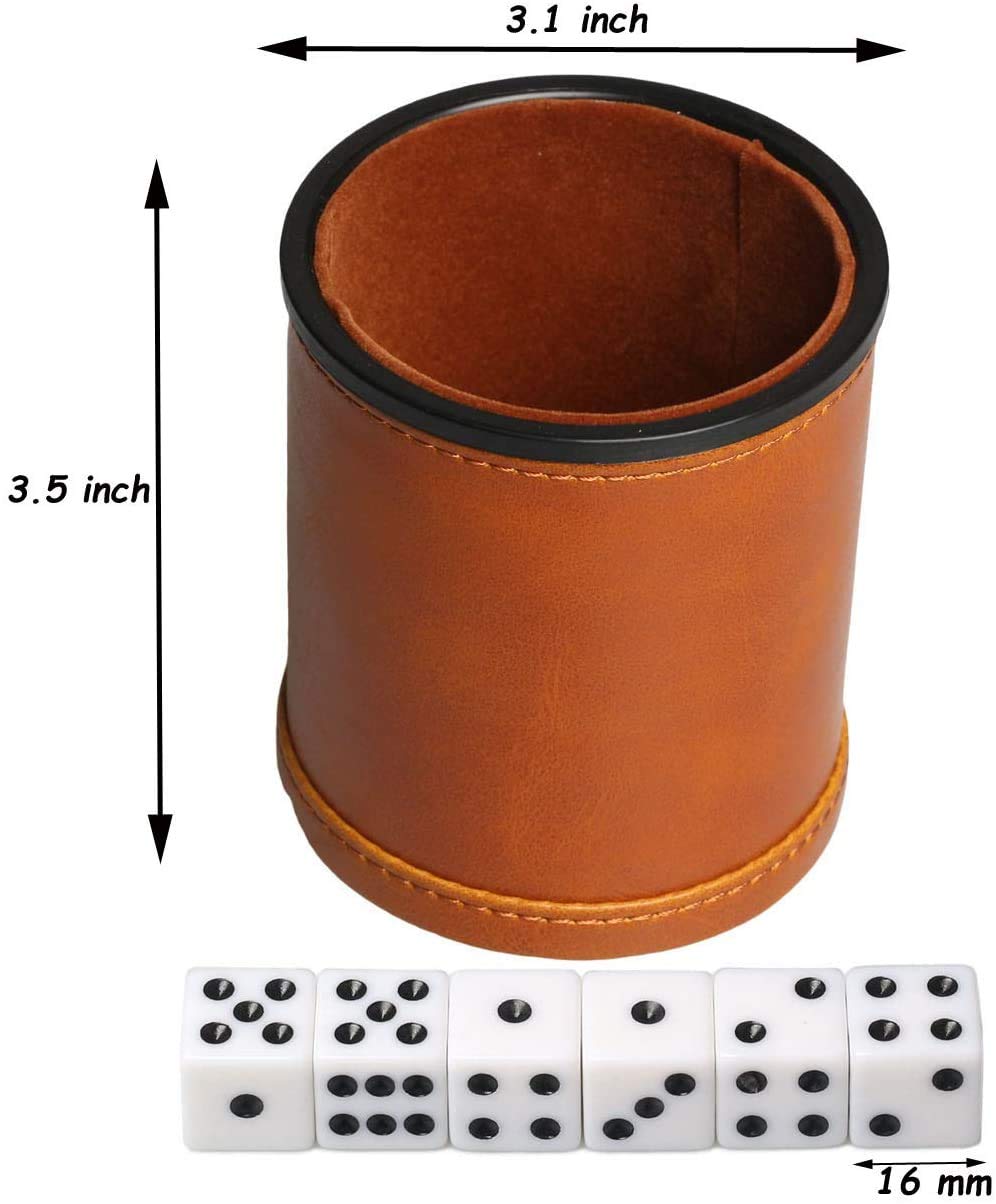 Coupe de dés en Similicuir avec Couvercle Comprend 6 dés, intérieur en Velours Silencieux à secouer pour Les Jeux de société Liars Dice Farkle Yahtzee, Marron