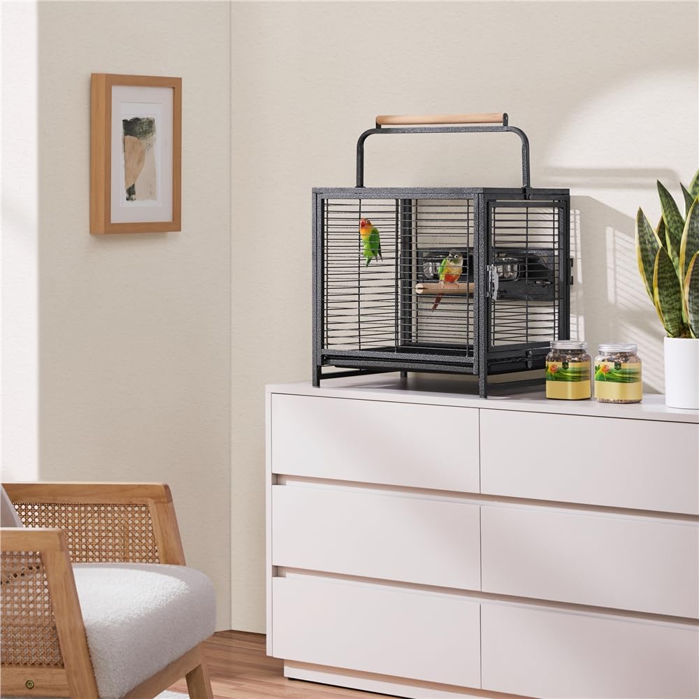 Yaheetech Jaula para Pájaros Portátil con Funda Protectora para Visitas al Veterinario 48,5 x 39 x 47,5cm Jaula Aves con Asa y 2 Perchas Negro